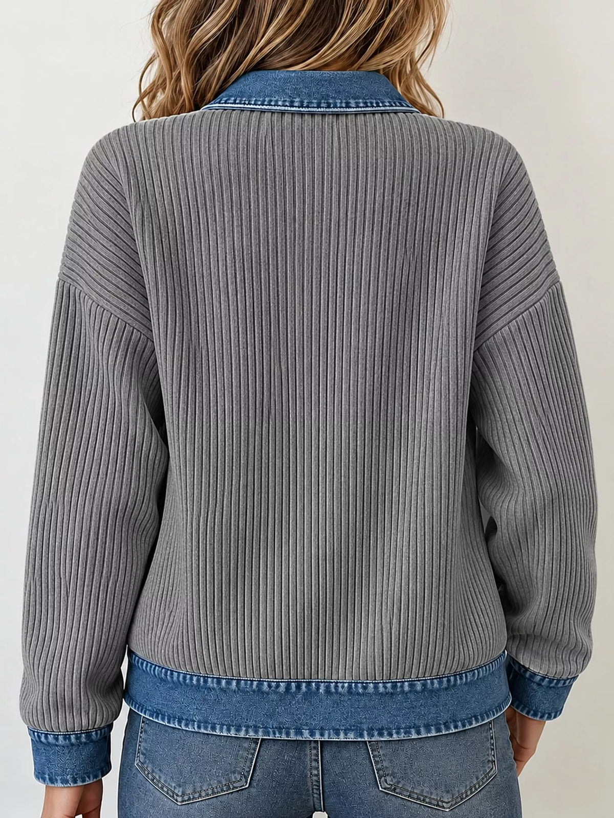 Gray denim-collar ribbed knit zip-up jacket — back view