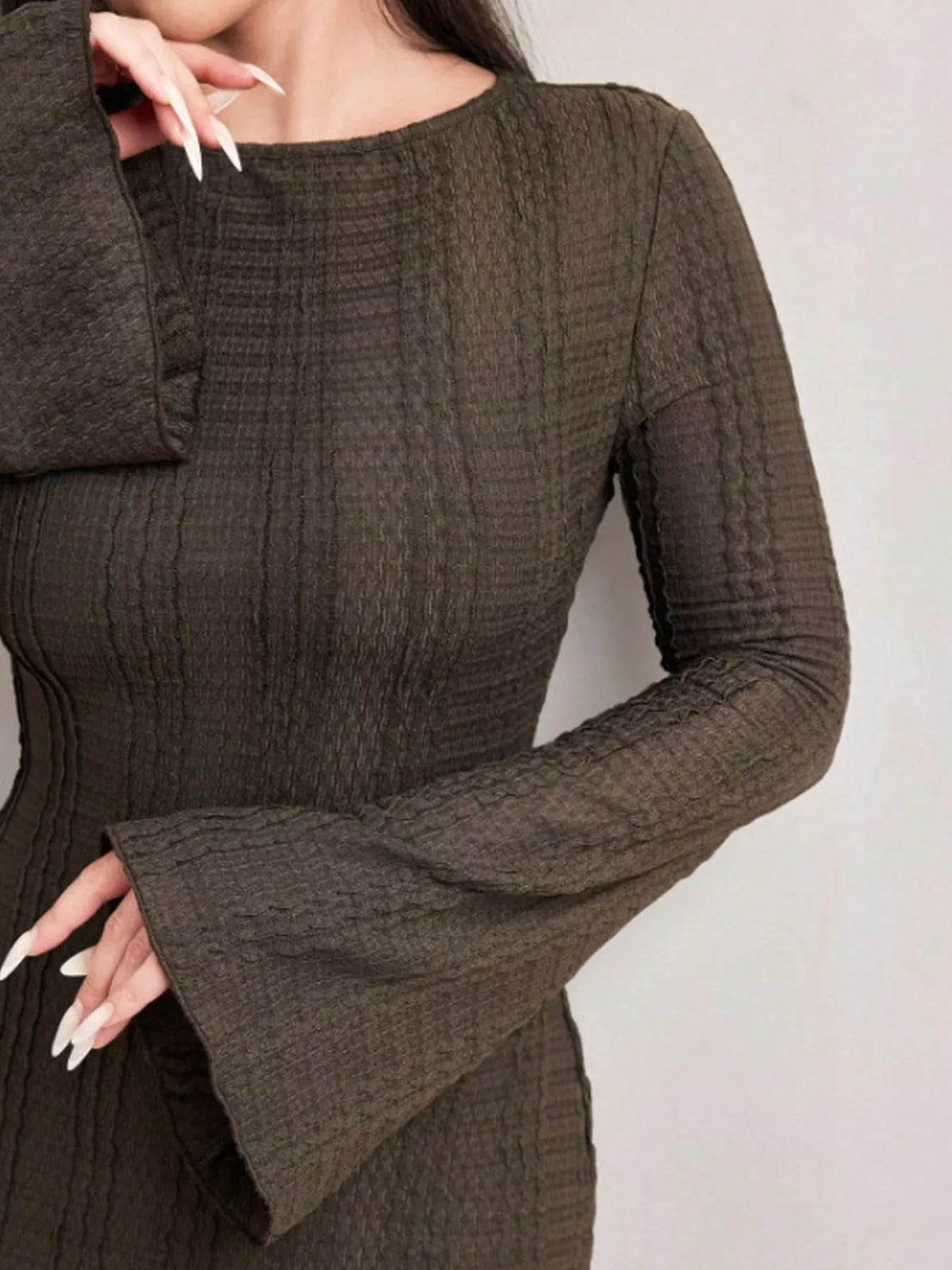 Textured Flare Sleeve Bodycon Maxi Dress, detail view in brown