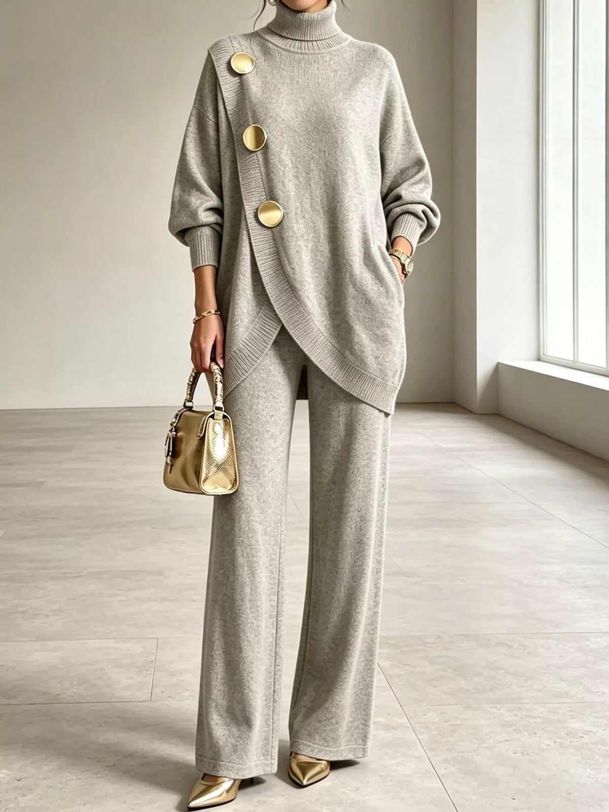 Light Gray turtleneck long sleeve top and pants sweater set