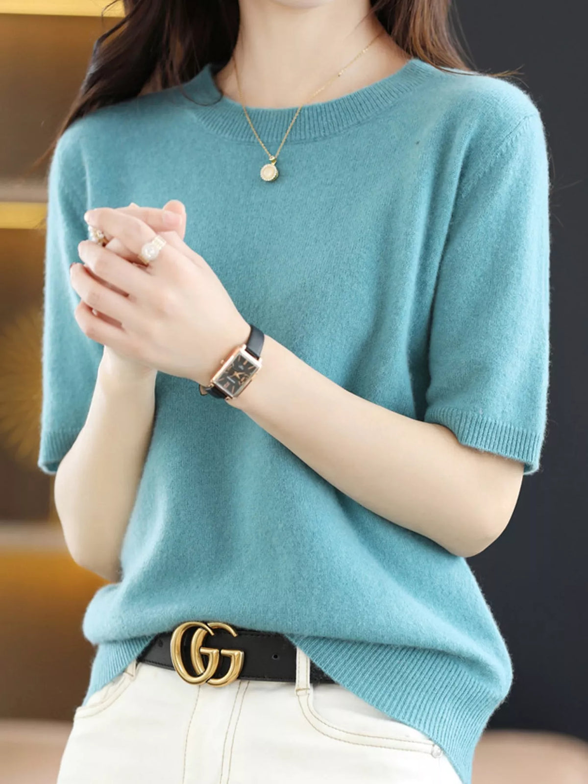 Lake Green round neck short-sleeve sweater
