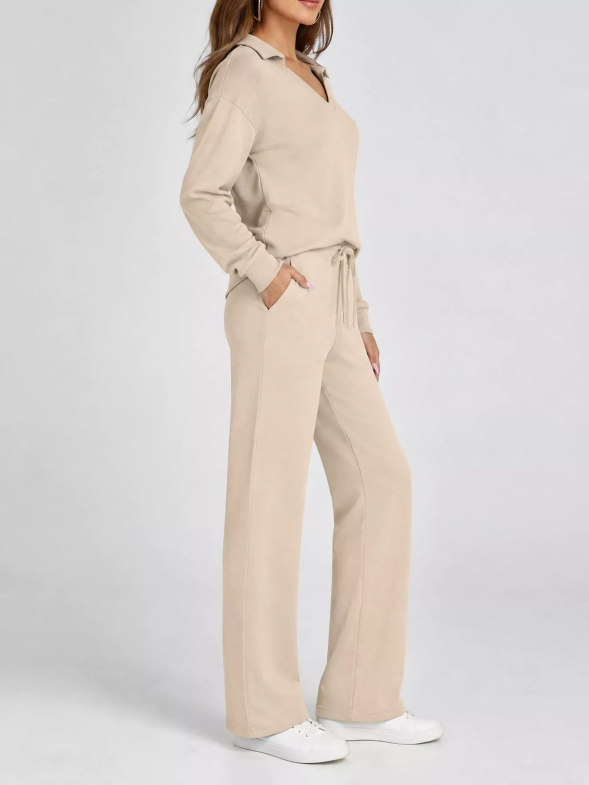 Top and drawstring pants set, beige side