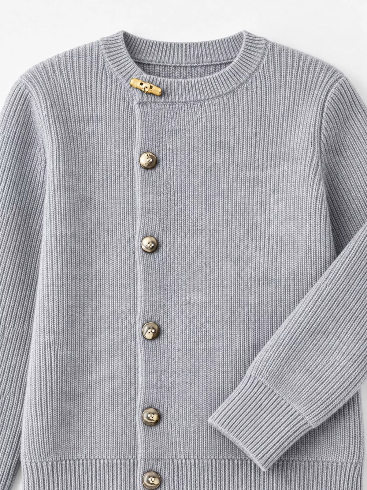 Light Gray ribbed knit asymmetrical button cardigan, detail view