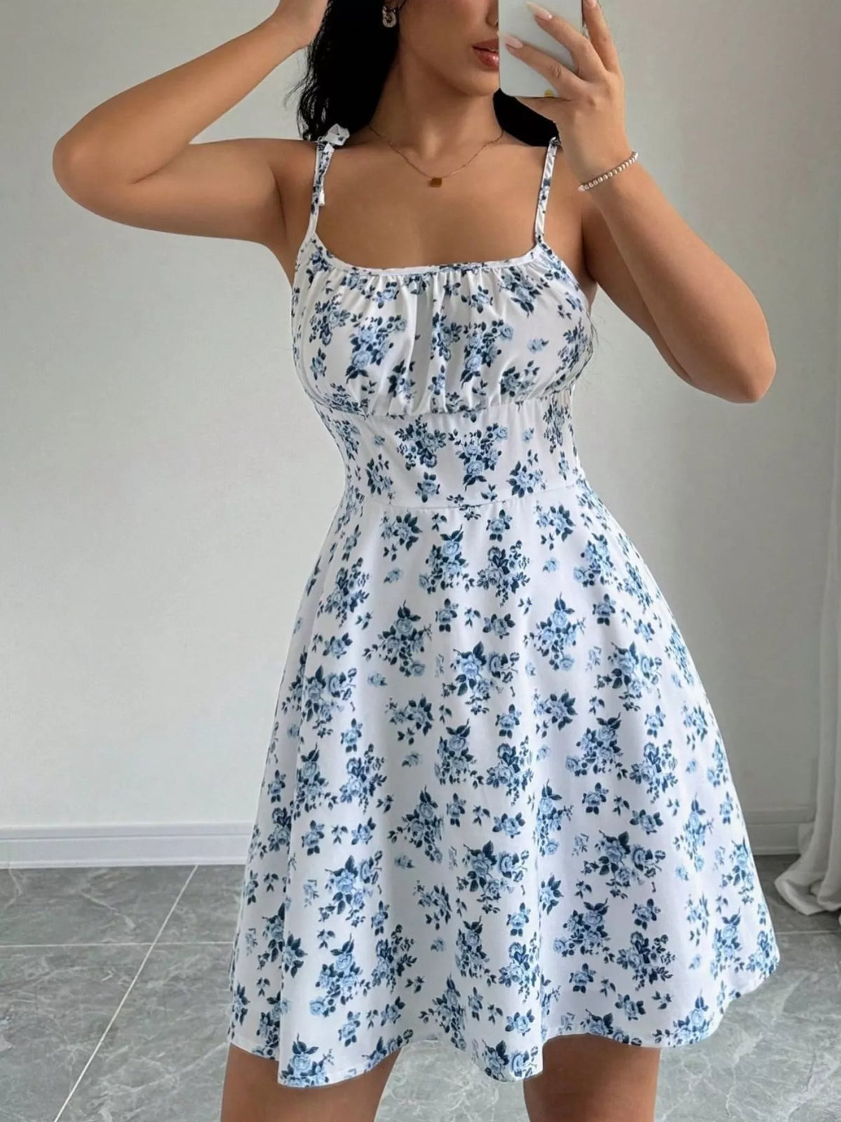 Floral print spaghetti strap a-line mini dress