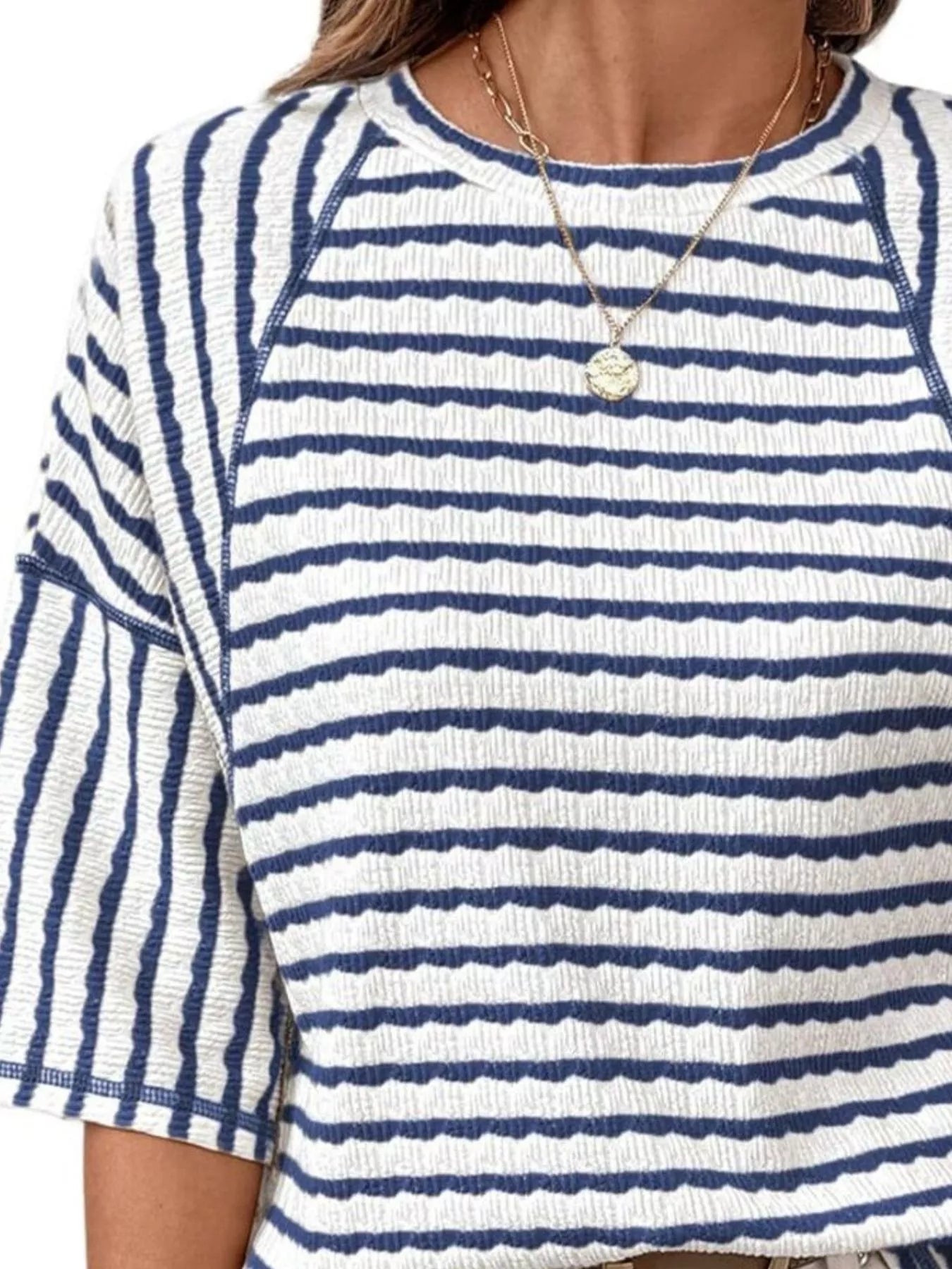 Trendsi Casual Striped Raglan Sleeve Textured T-Shirt -