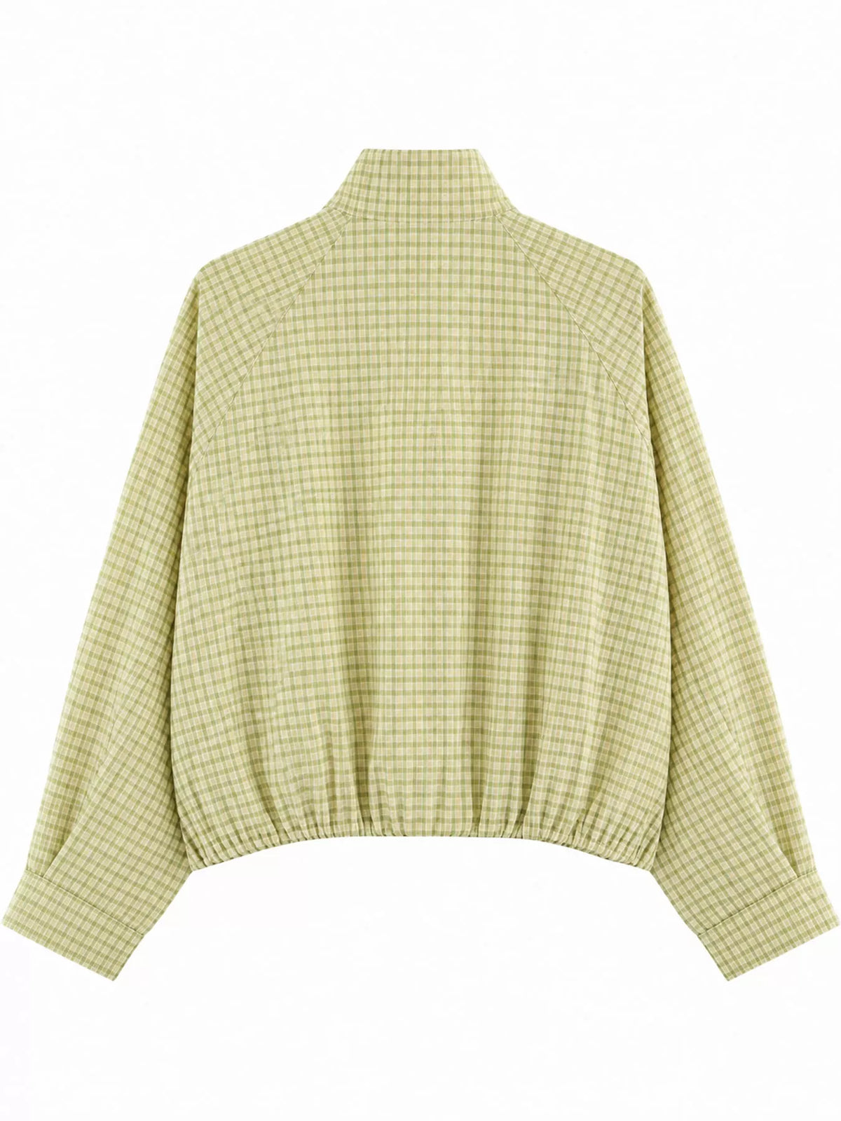 Lime Green plaid stand-collar cropped jacket, back view