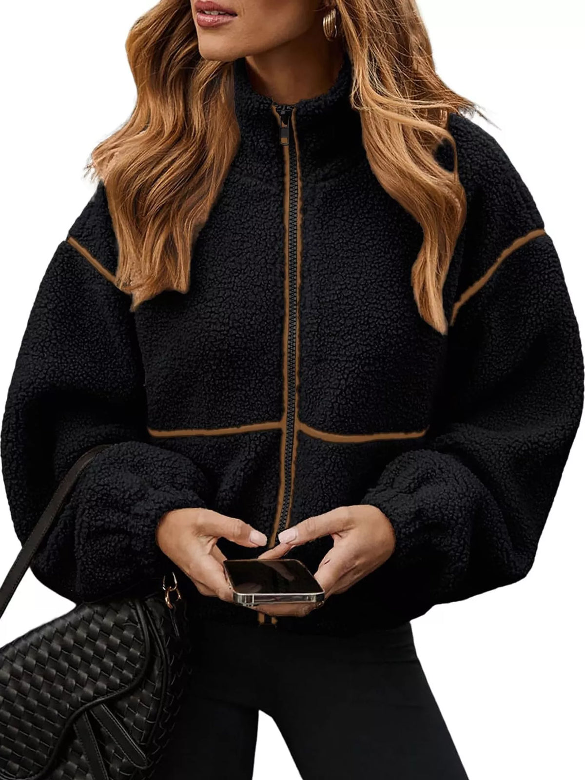 Stand Collar Sherpa Fleece Zip-Up Jacket — front view