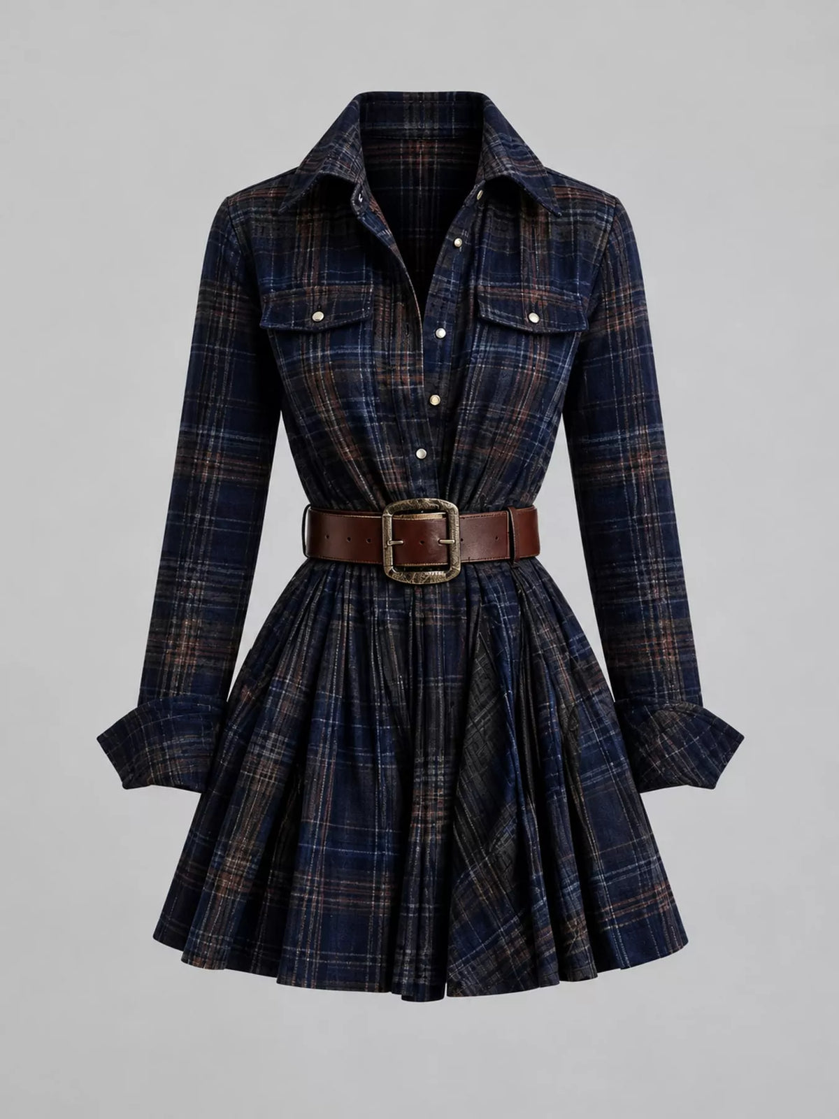 Navy plaid shirt dress