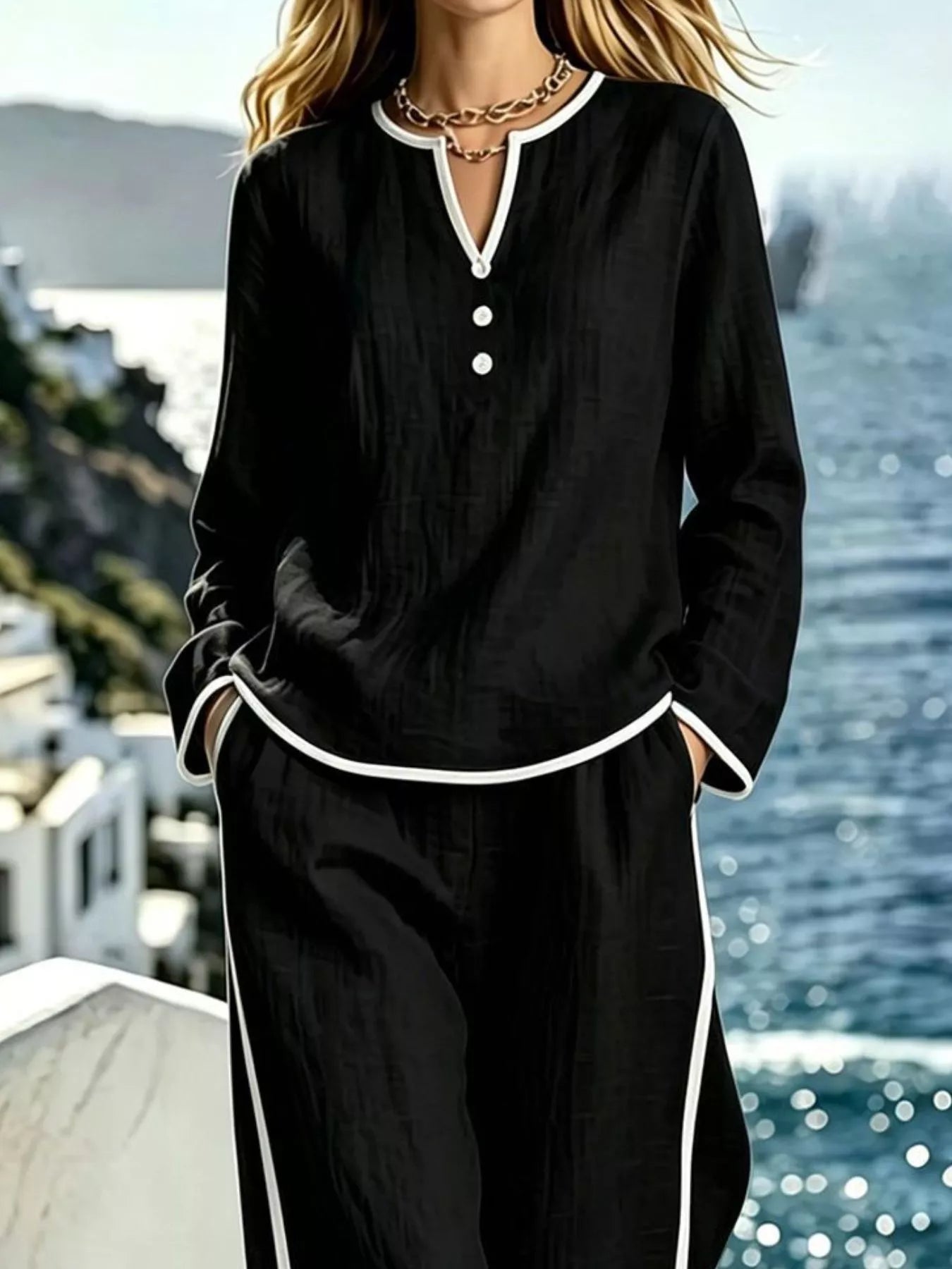 Trendsi Contrast Trim Long Sleeve Top and Pants Set -