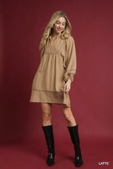 Trendsi Umgee Boho Peasant Mini Dress with Trim Detail -
