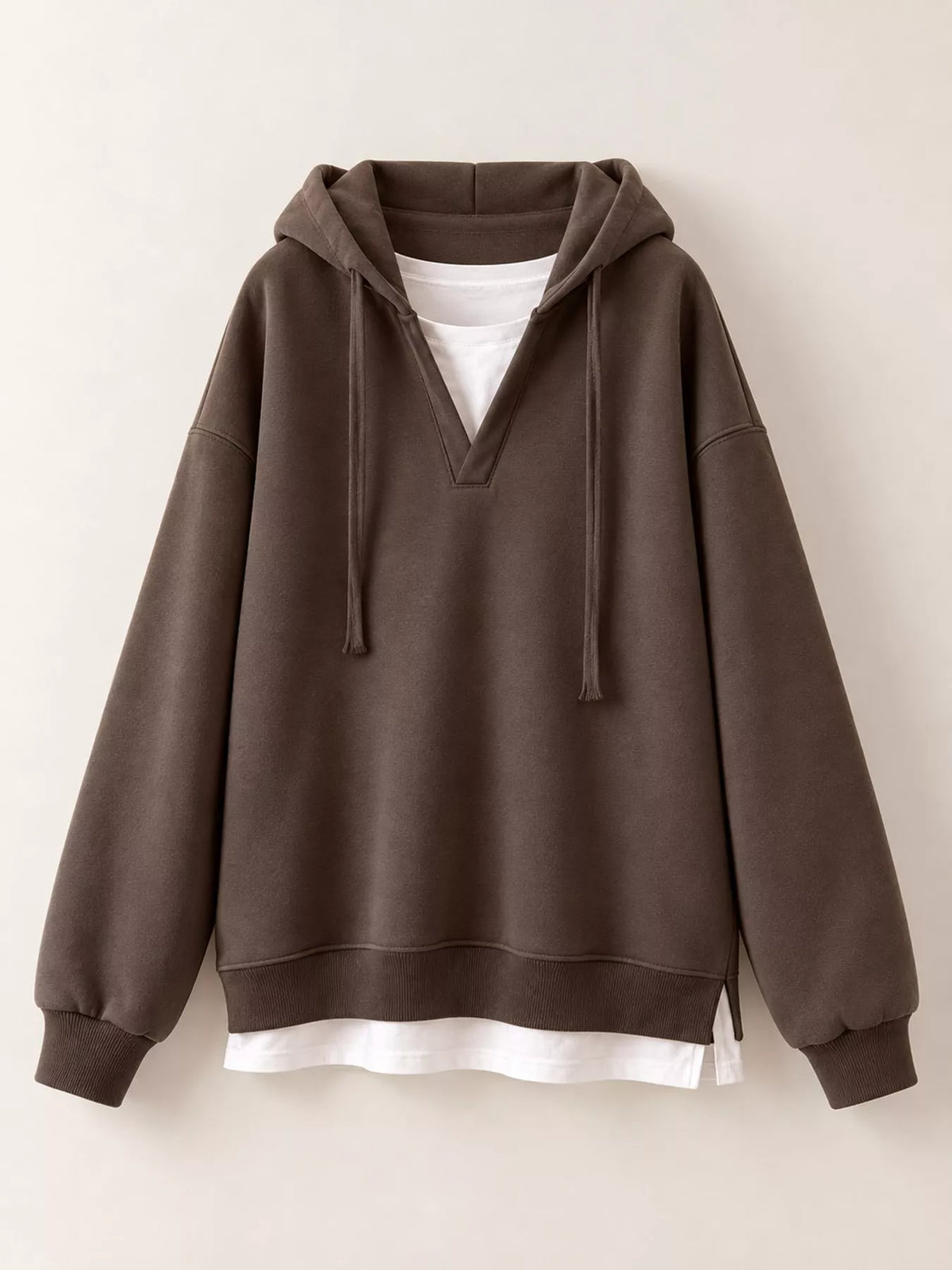 Brown layered look dropped shoulder hoodie, front view
