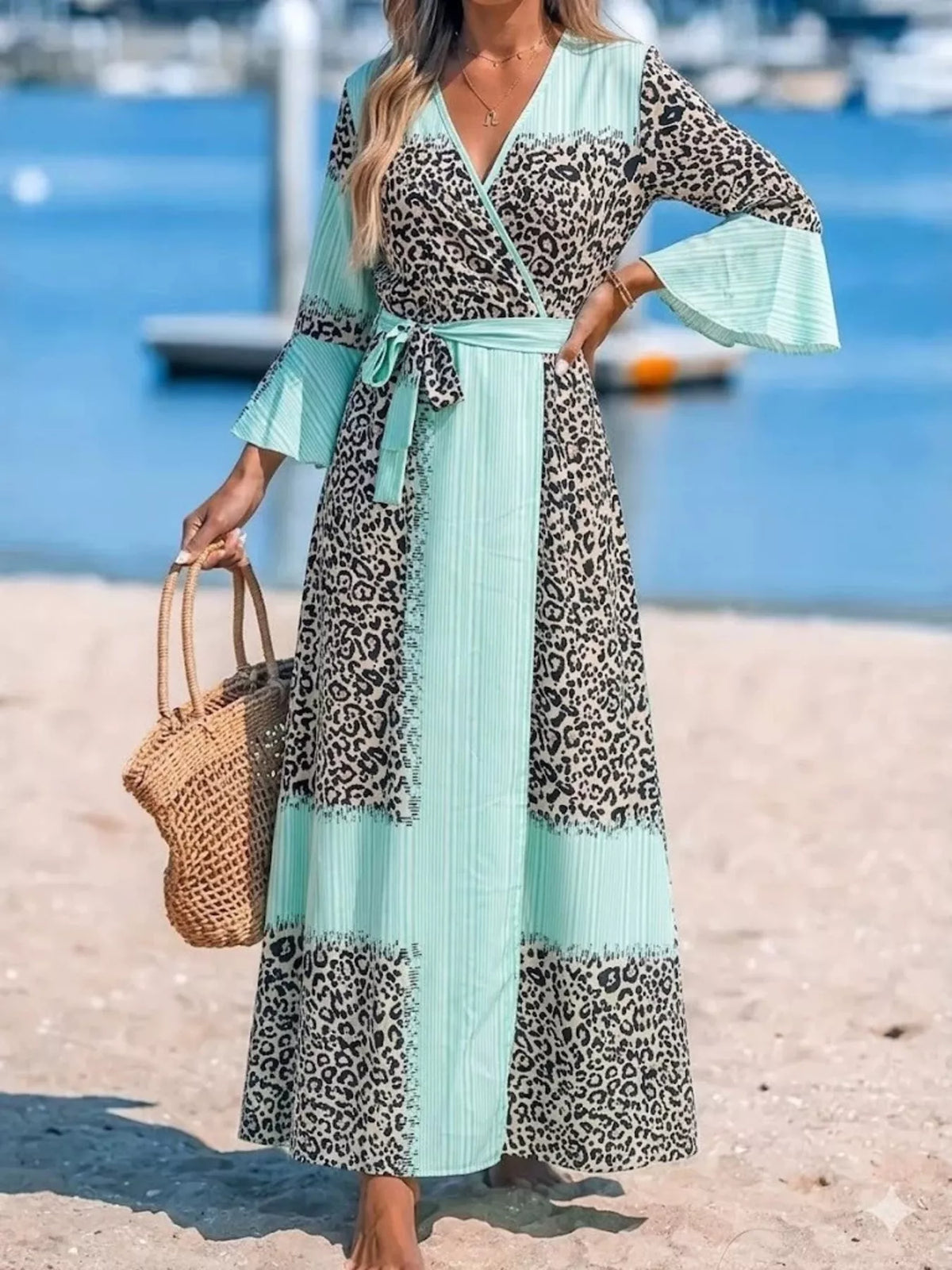 Women's Leopard Print Patchwork Maxi Dress in Sky Blue, front view