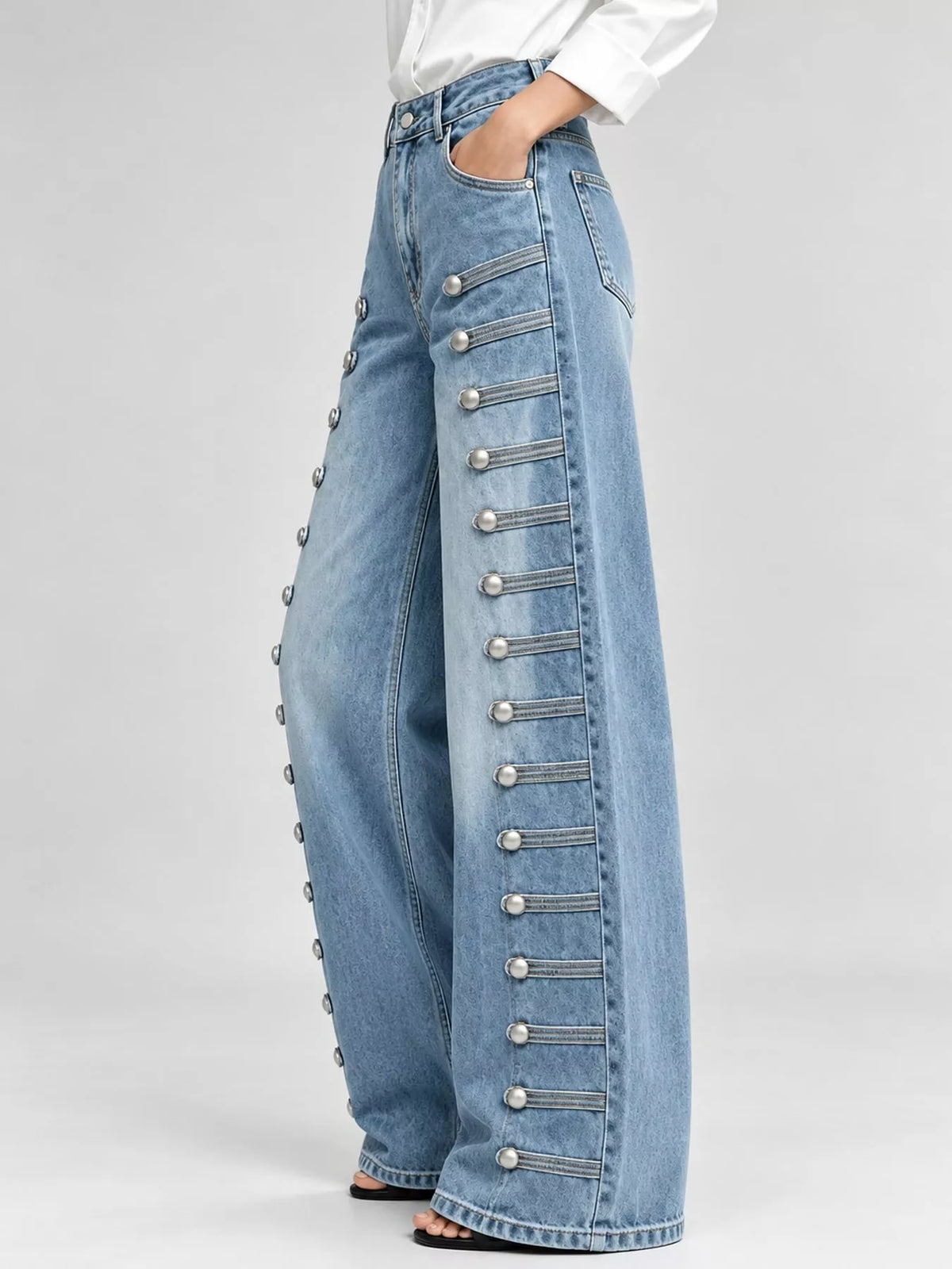Decorative Button Wide-Leg Jeans in light blue, side view