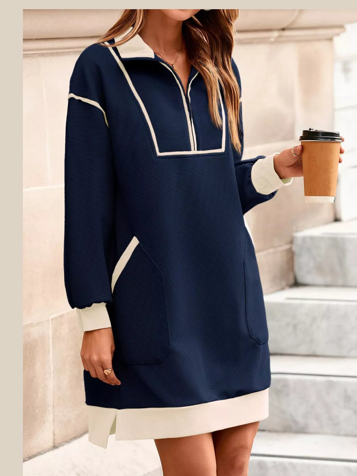 Navy color block quarter-zip sweatshirt dress — front view