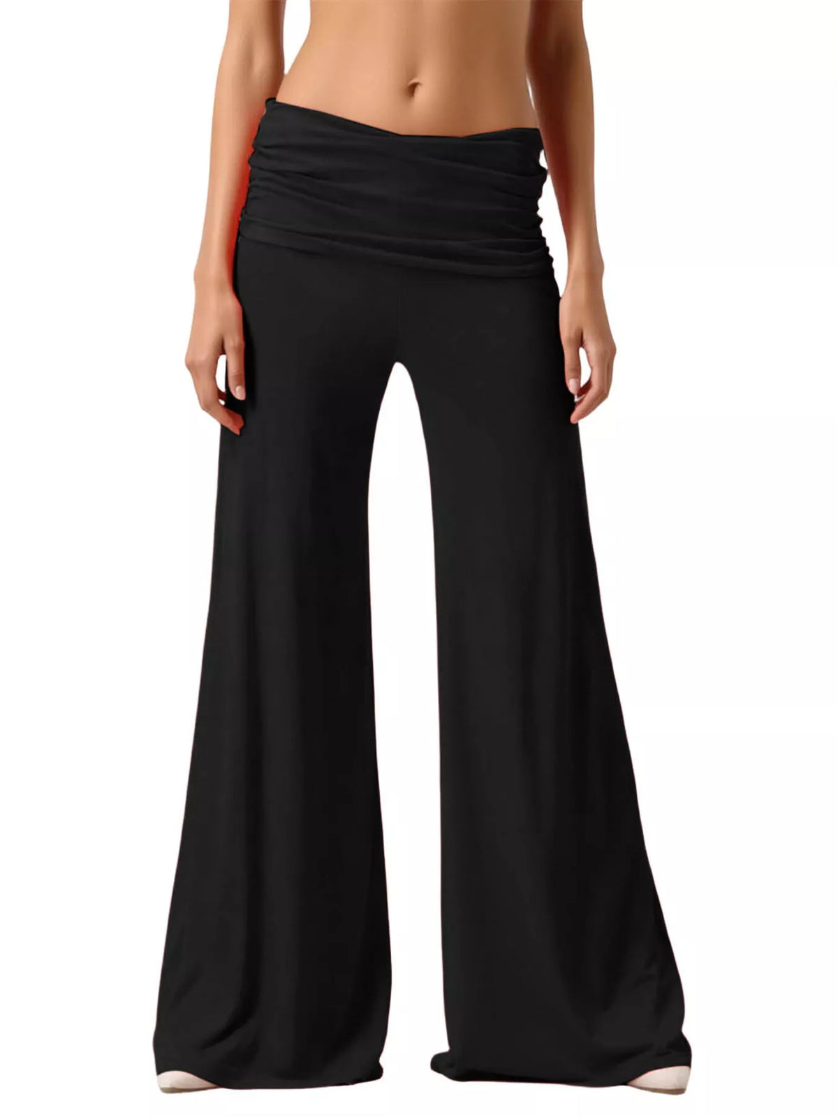 Black fold-over wide-leg pants, front view