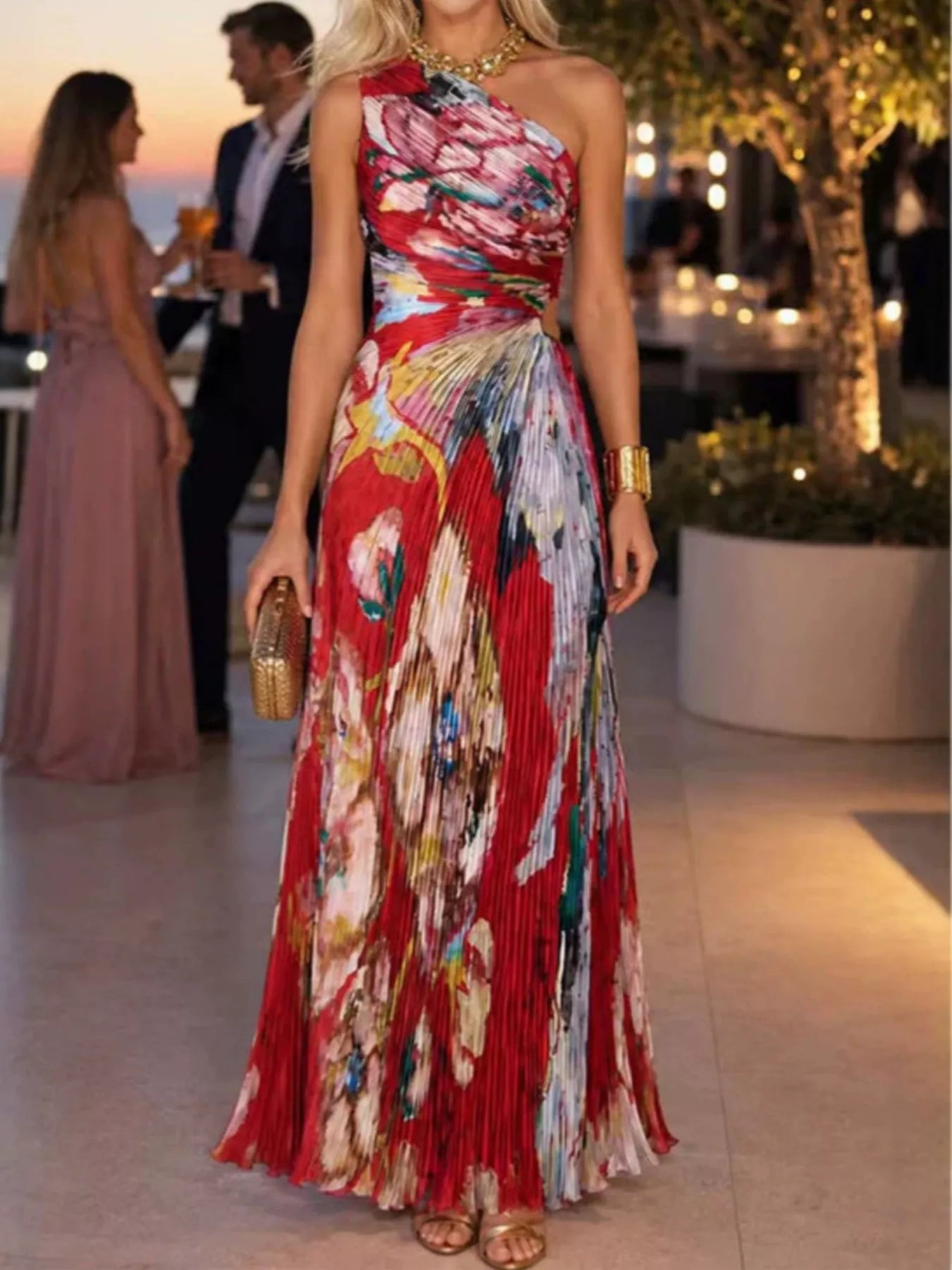 Trendsi One-Shoulder Pleated Floral Maxi Dress -