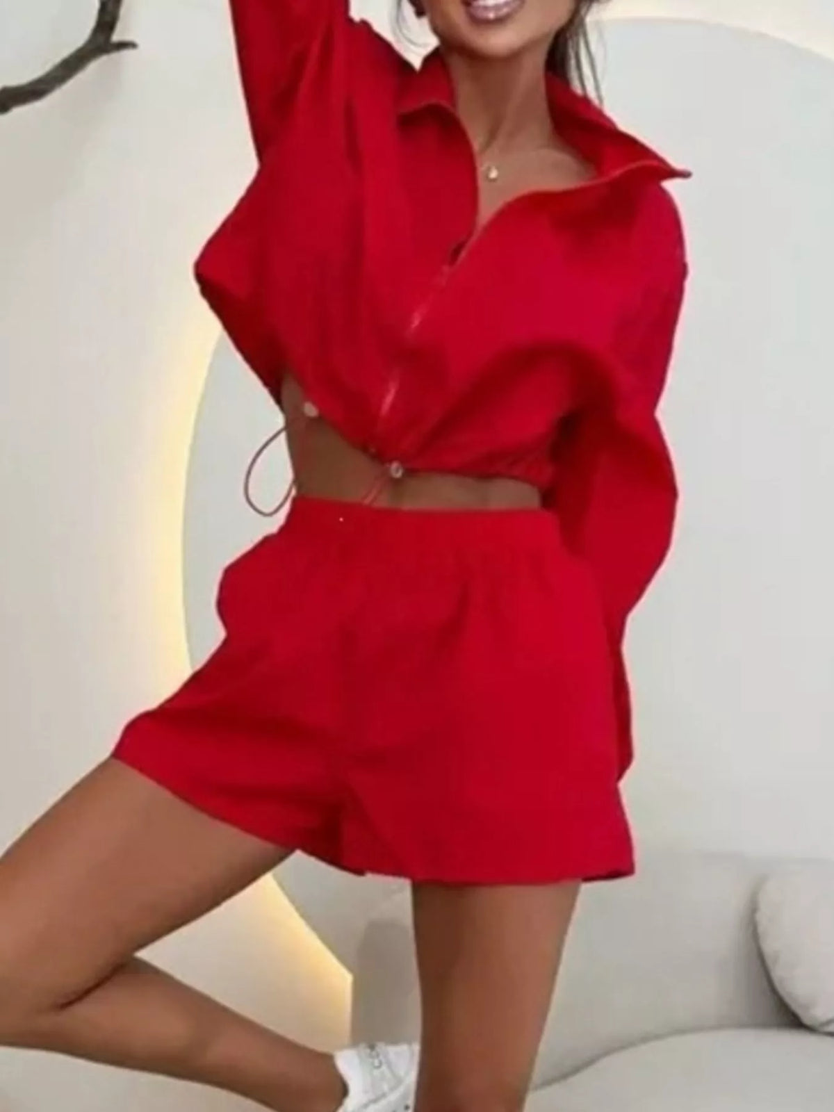 Trendsi Zip-Up Crop Jacket and High-Waisted Shorts Set -