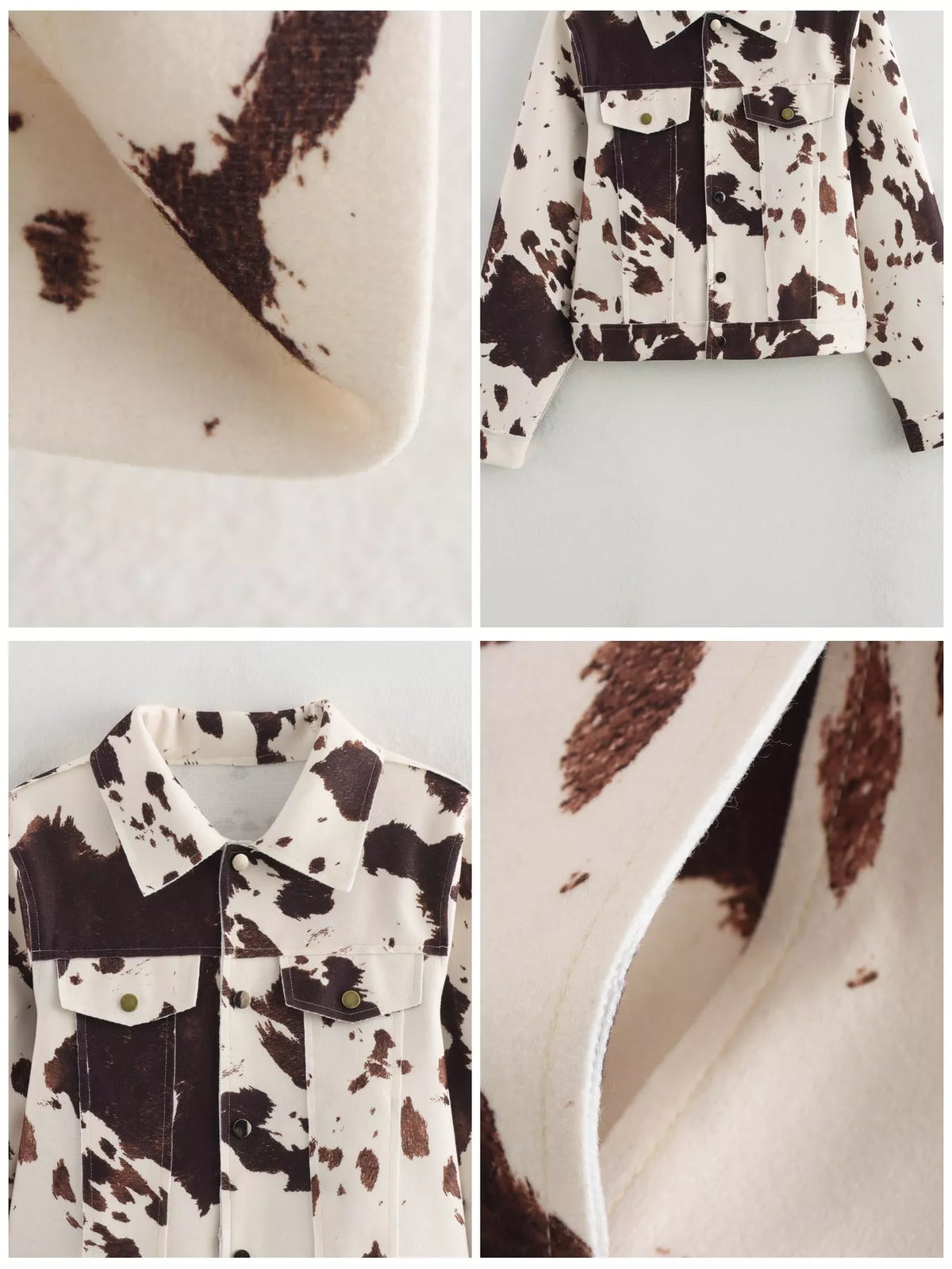 Women's Cow Print Button Up Jacket in brown and cream — detail collage view