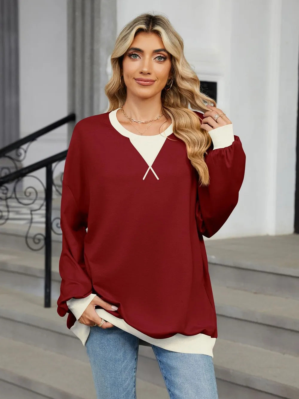 Trendsi Contrast Round Neck Long Sleeve Sweatshirt -