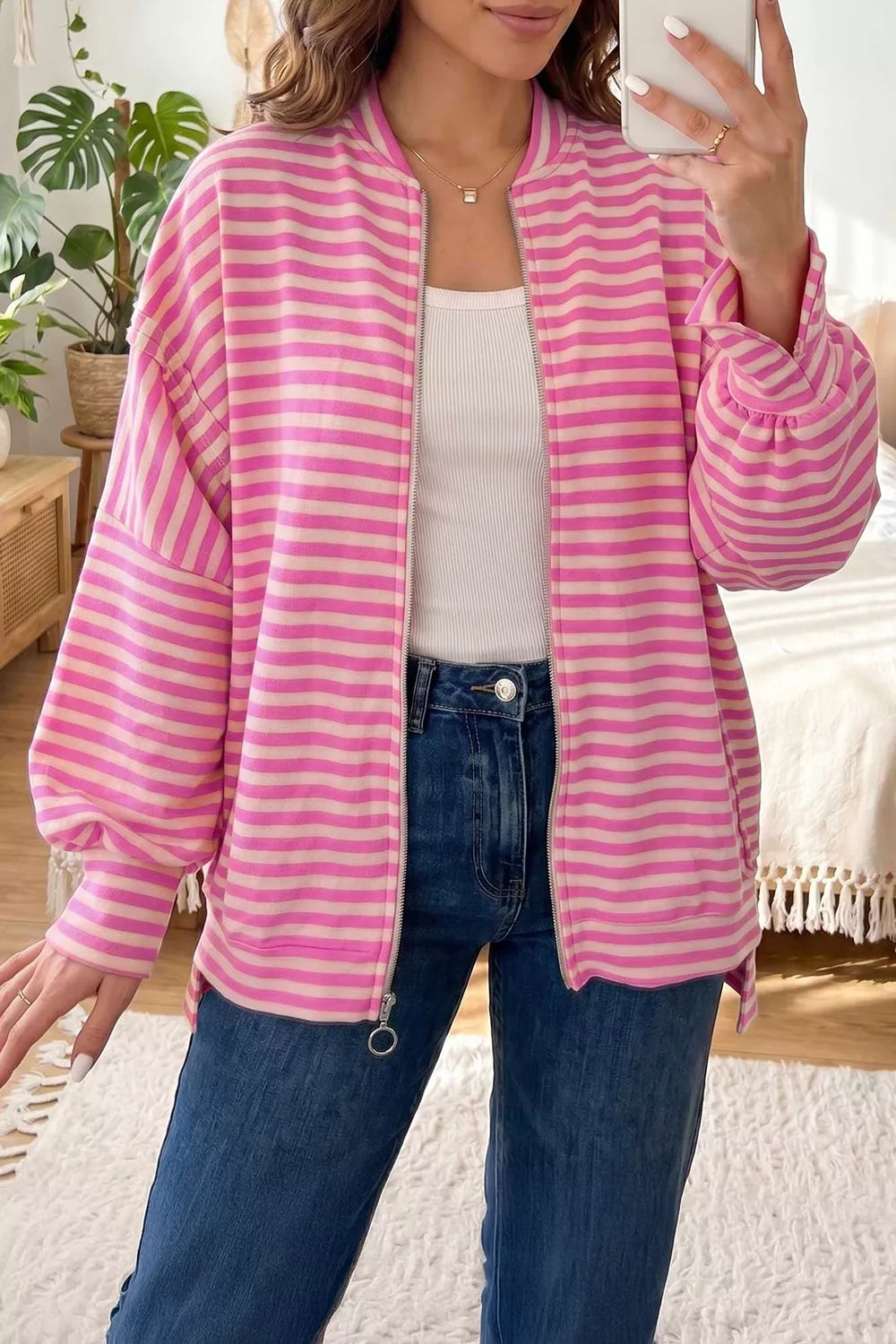 Trendsi Stripe Striped Zip-up Open Front Loose Fit Regular Length Hoodie -