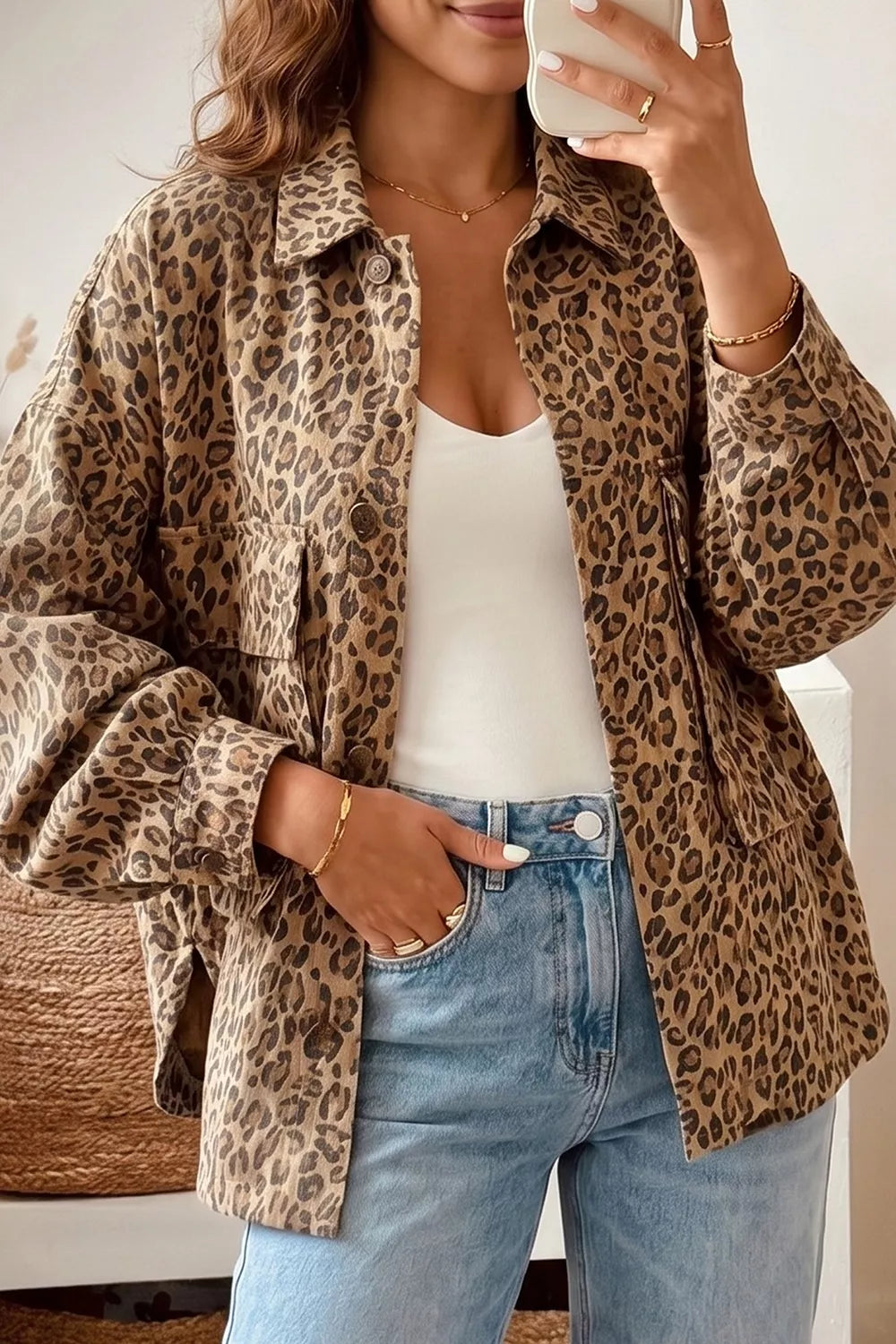 Trendsi Leopard Print Denim Jacket -