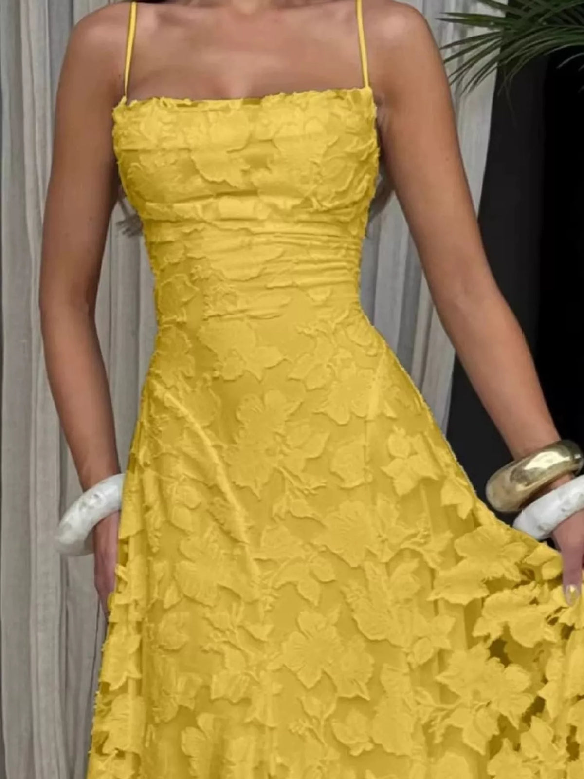 Yellow backless lace maxi dress, side view