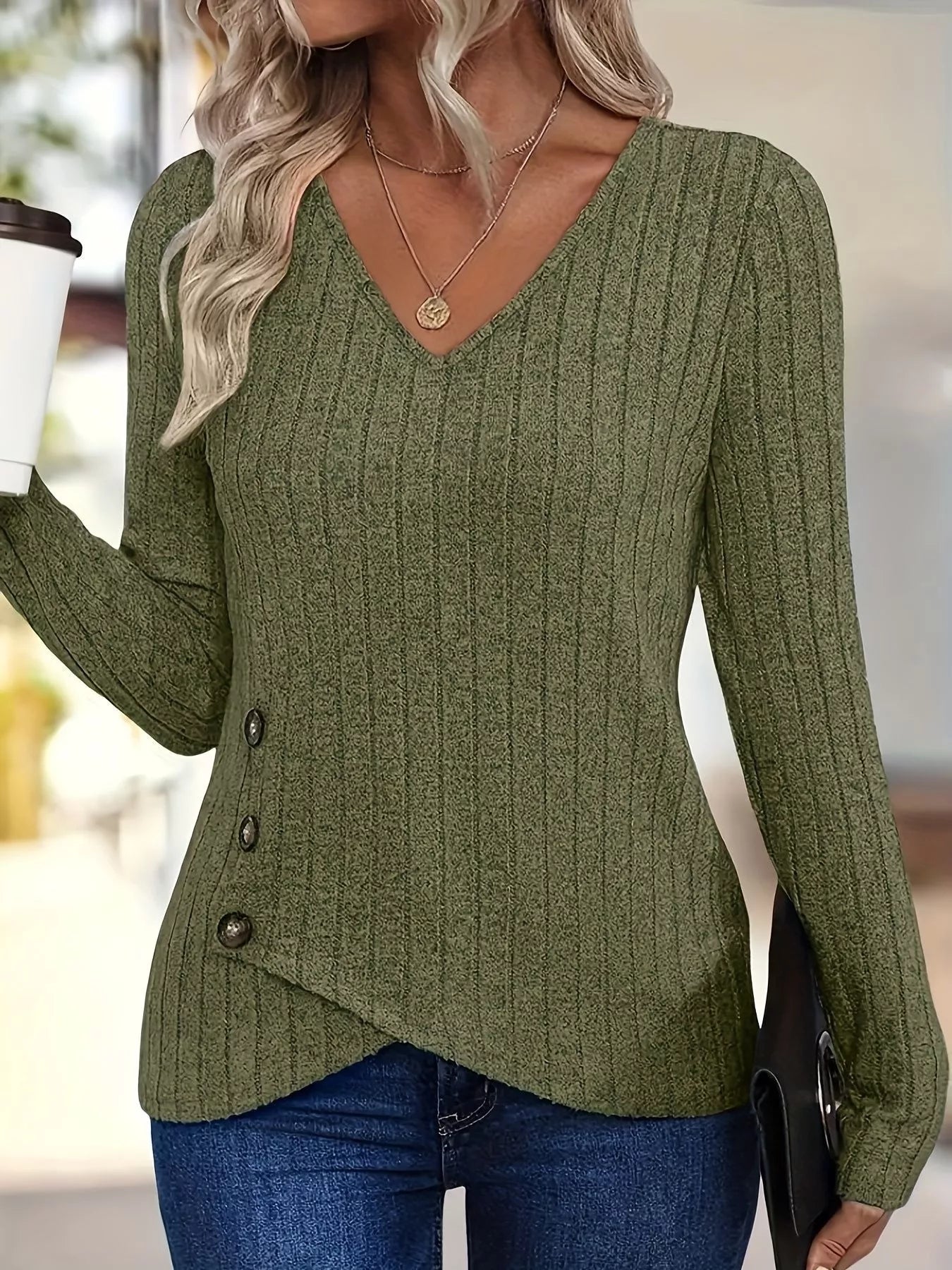 Trendsi Ribbed Knit V-Neck Long Sleeve T-Shirt -