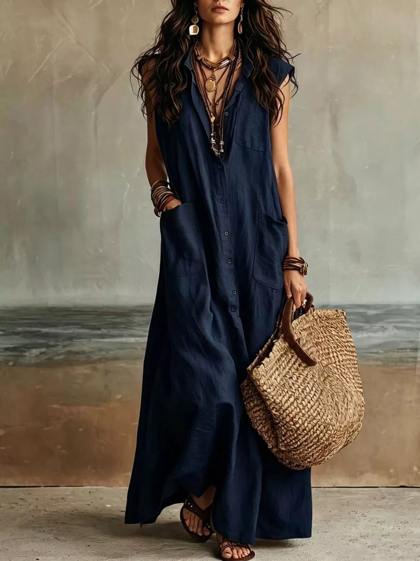 Trendsi Sleeveless Button-Down Linen Maxi Dress -