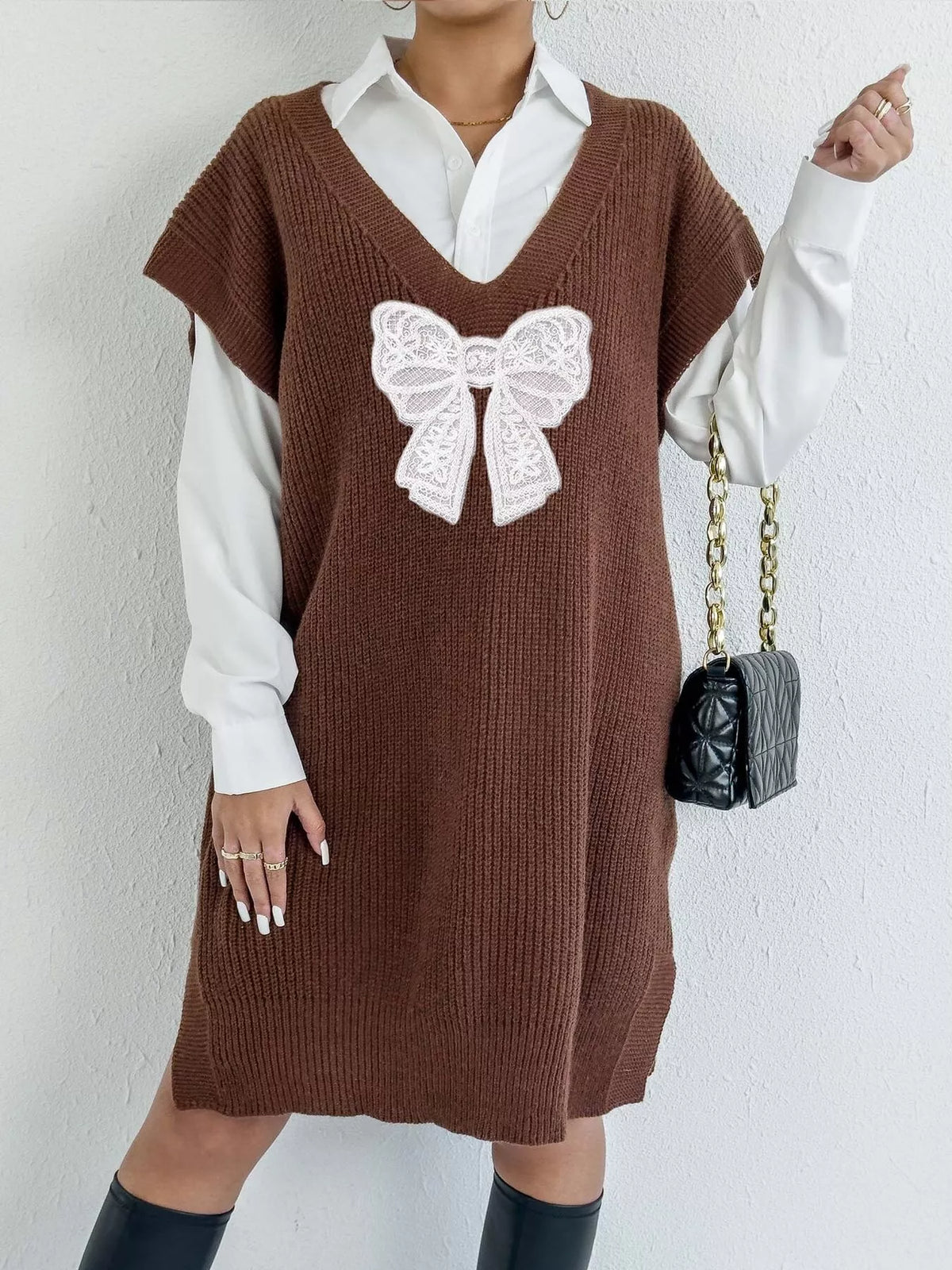 Trendsi Embroidered Bow V-Neck Sweater Vest -