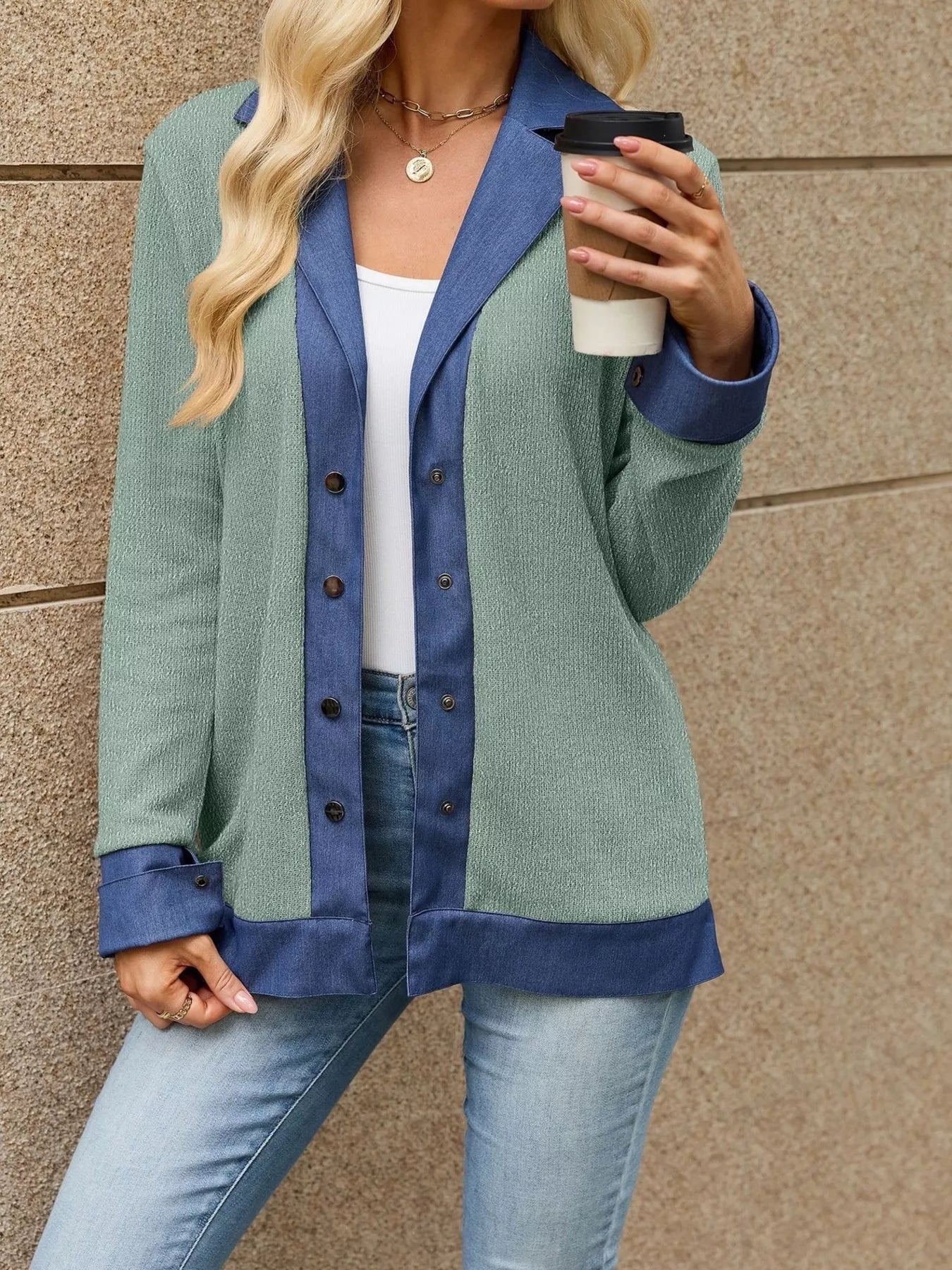 Trendsi Contrast Denim Lapel Collar Outerwear -