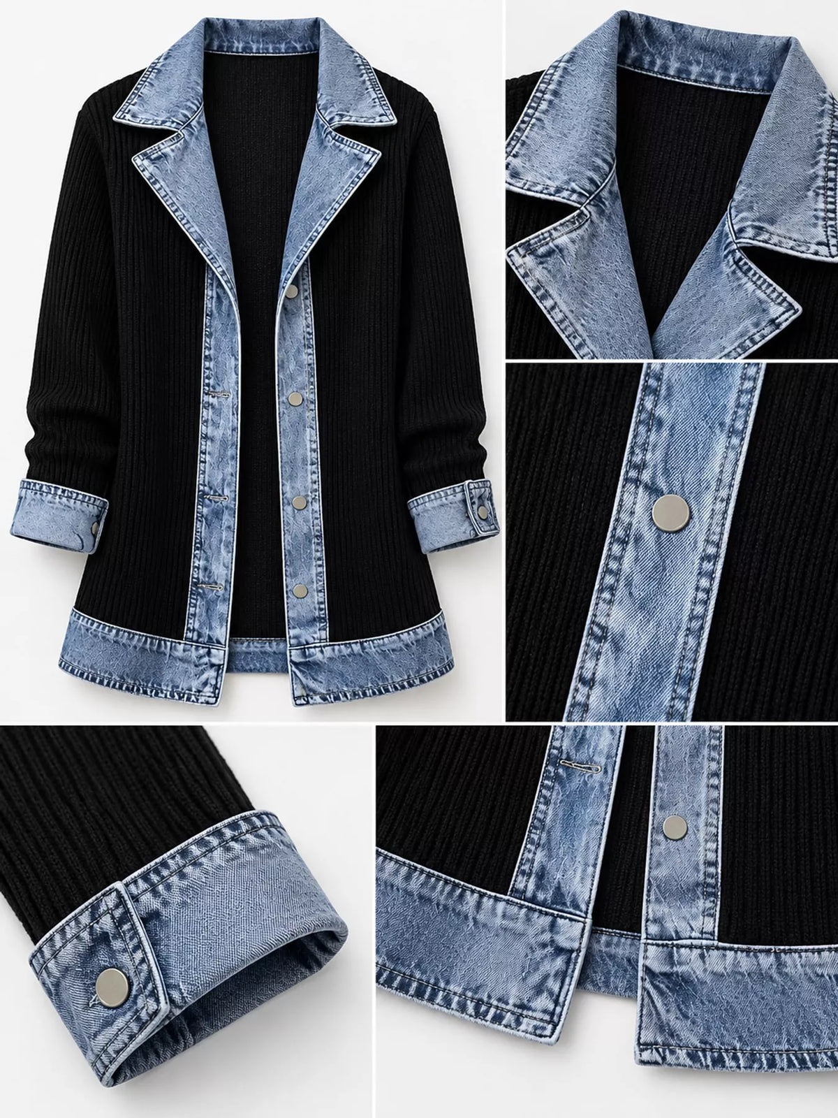 Black denim trim ribbed knit cardigan, denim-trim lapel, buttons, cuffs, and hem close-ups