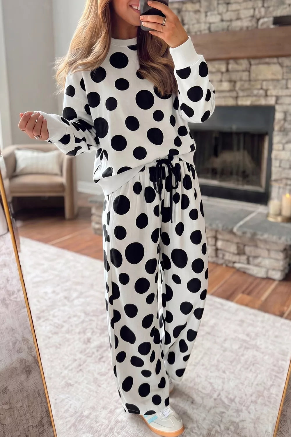 Women's Polka Dot Print Long Sleeve Top and Wide Leg Pants Set in Dot, front view