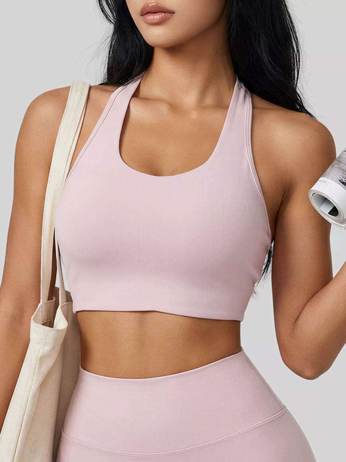 Dusty Pink Twisted Back Halter Neck Active Bra close-up view
