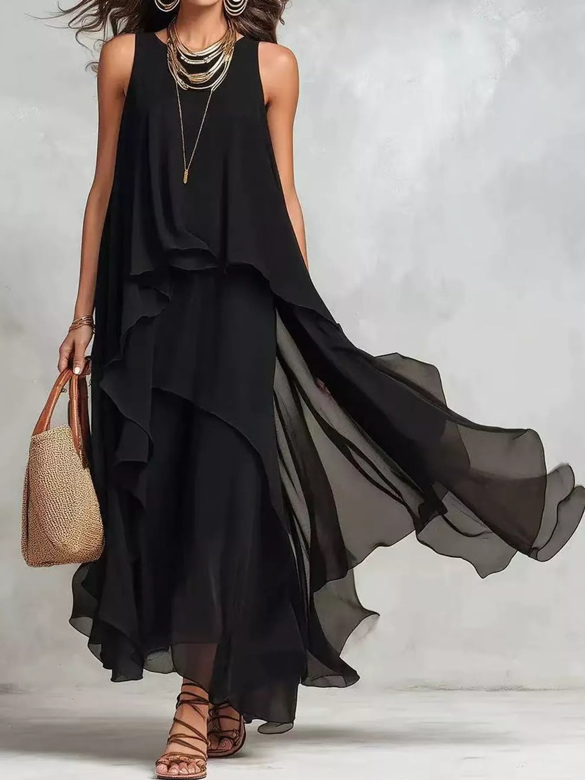 Tiered maxi dress, black full front