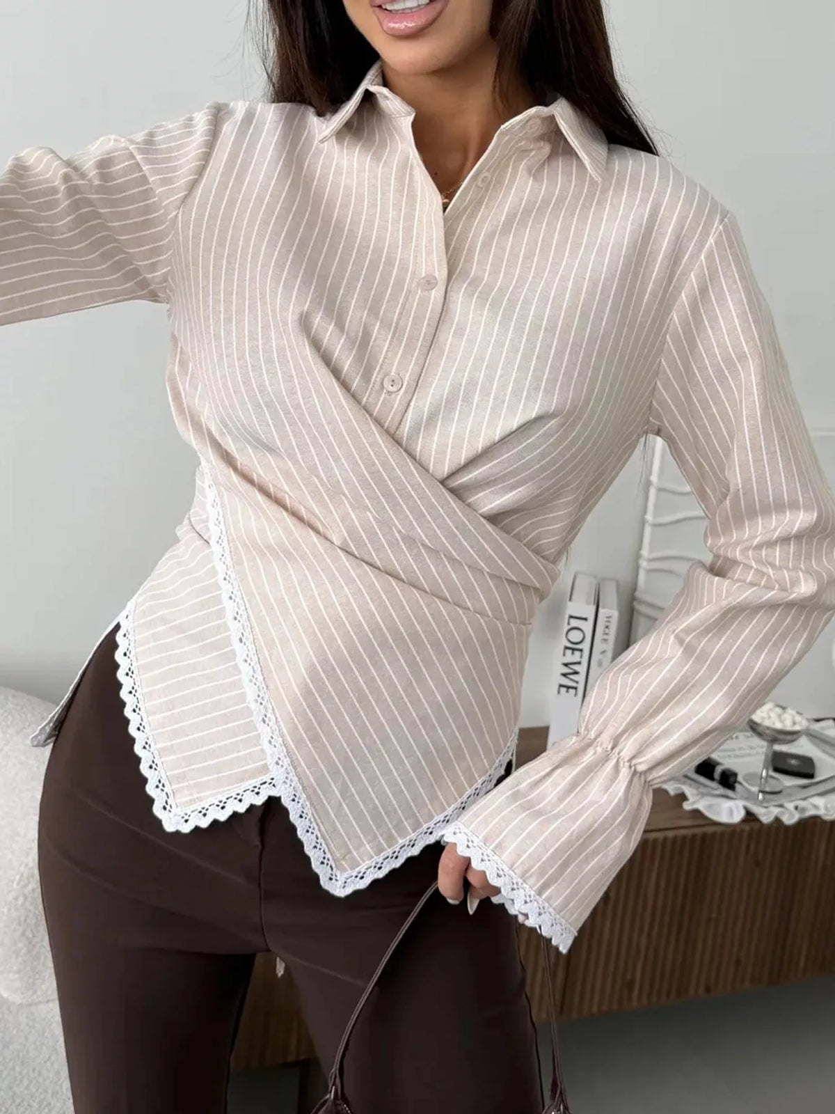 Lace-trim striped shirt, beige front
