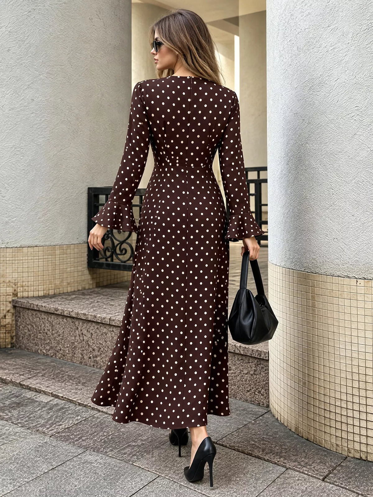 Brown polka dot long sleeve maxi dress, back view