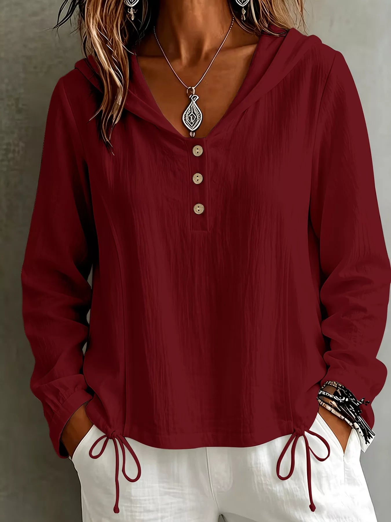 Trendsi Button Detail Long Sleeve Hooded Blouse -