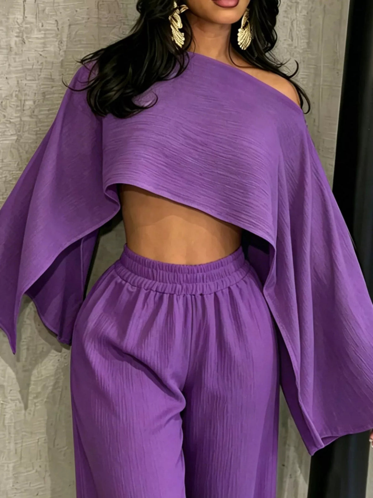 Women's Boat Neck Crop Top and Wide-Leg Pants Set in purple — bodice detail view