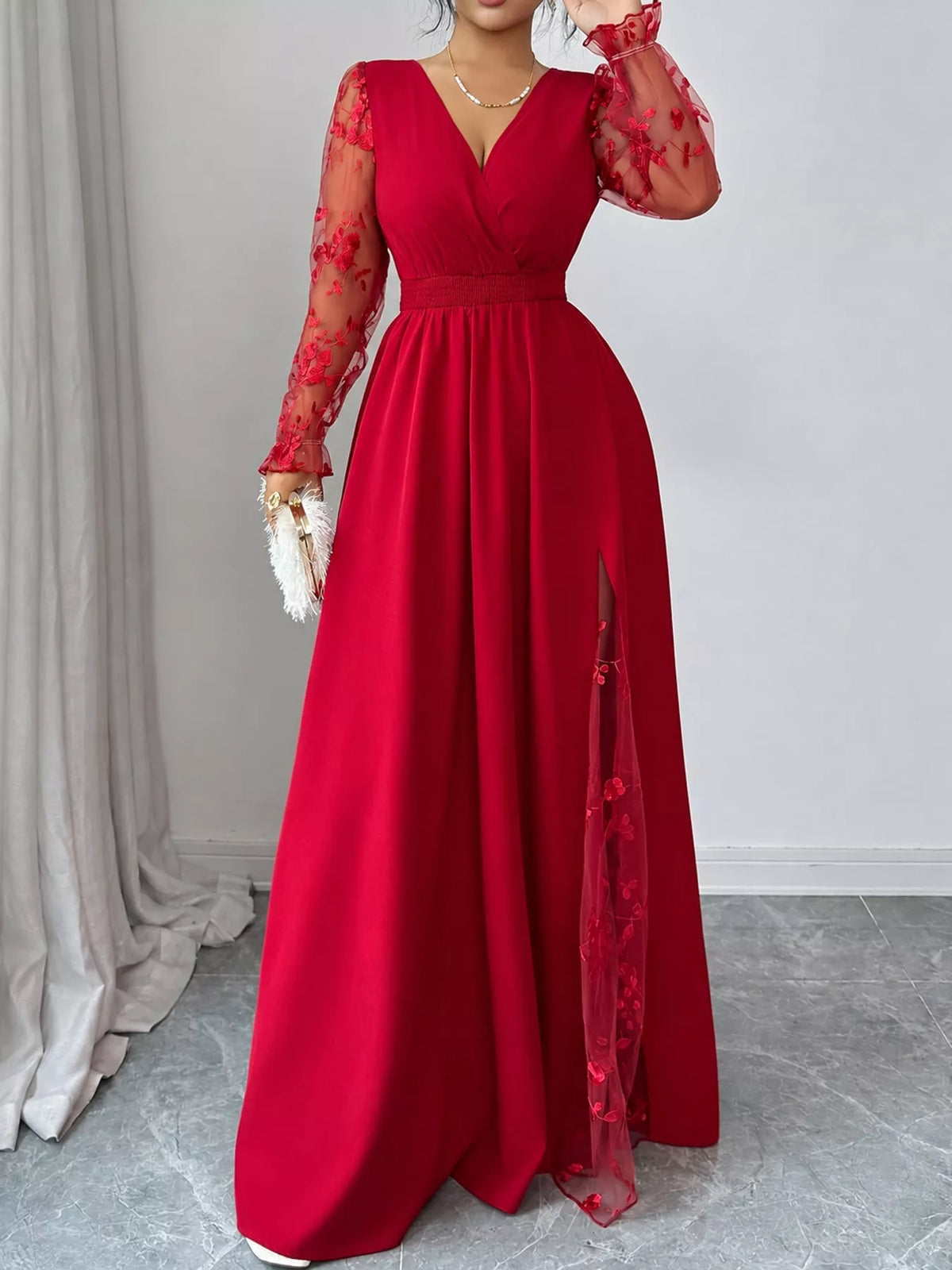 V-neck long sleeve maxi dress, front view on model