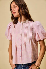 Trendsi SO ME Gingham Lace Trim Button Bubble Sleeves Blouse -