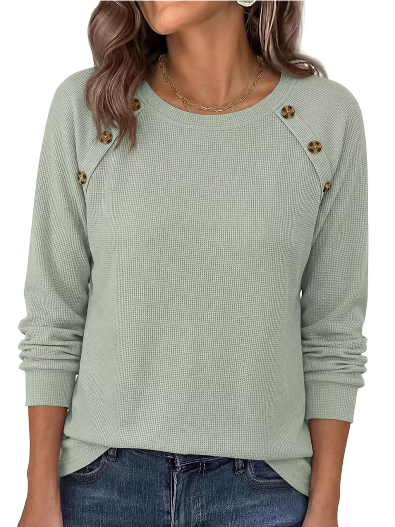 Trendsi Decorative Button Waffle Knit Long Sleeve T-Shirt -