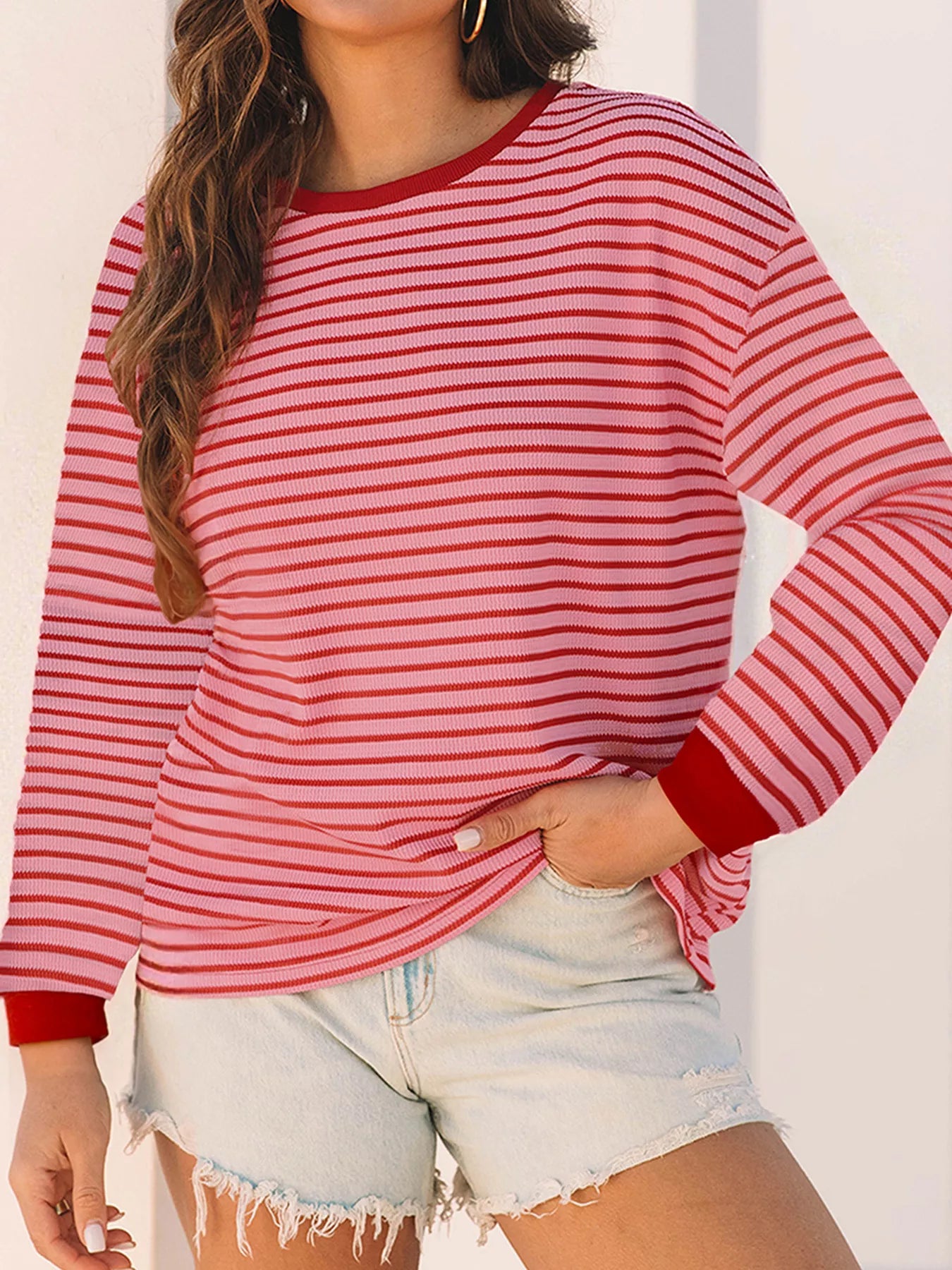 Trendsi Stripe Textured Round Neck Drop Shoulder Long Sleeve T Shirt -