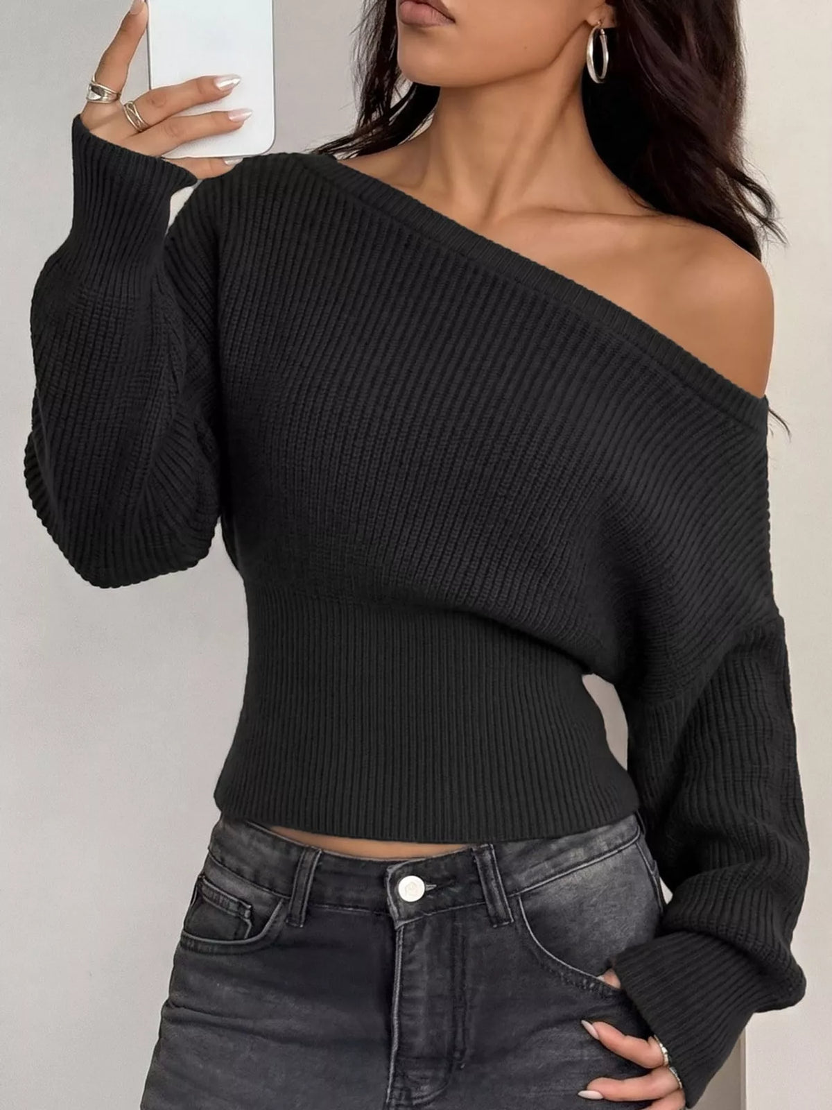 Black one shoulder ribbed knit sweater