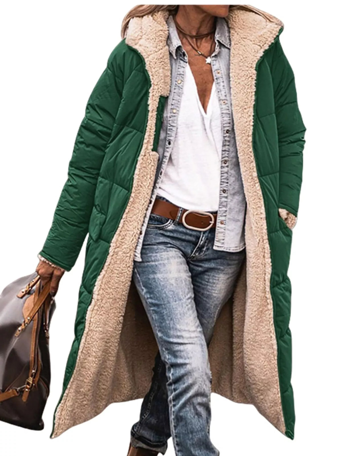 Green longline sherpa-lined hooded puffer coat