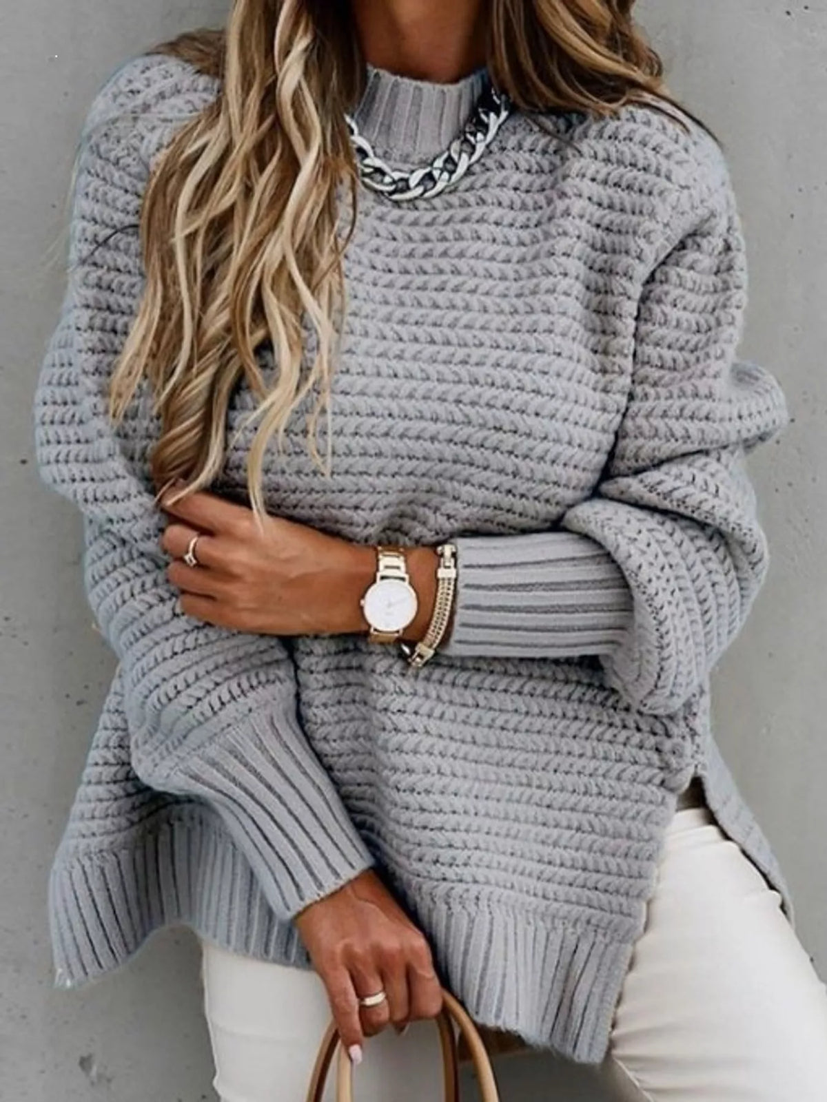 Round neck long sleeve sweater, front view on model