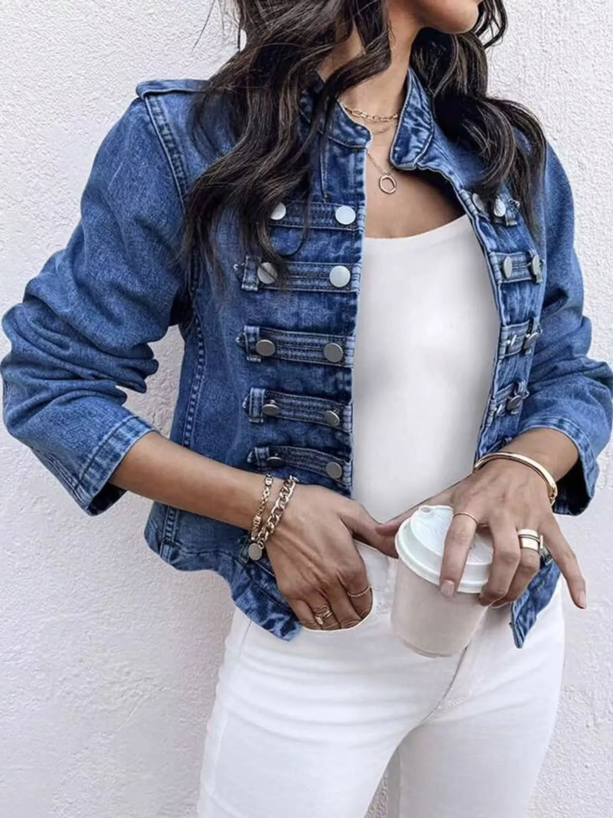Decorative Button Cropped Denim Jacket — front view