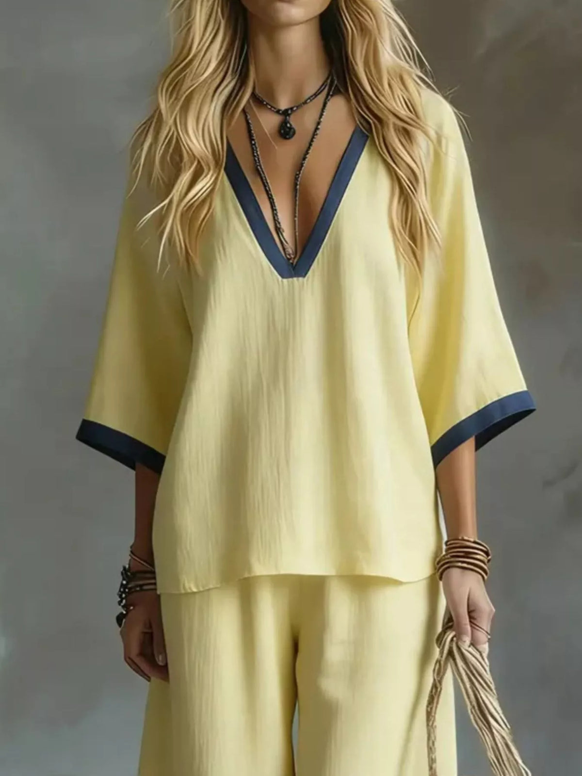 Trendsi Full Size Contrast Trim V-Neck Top and Pants Set Plus Size -
