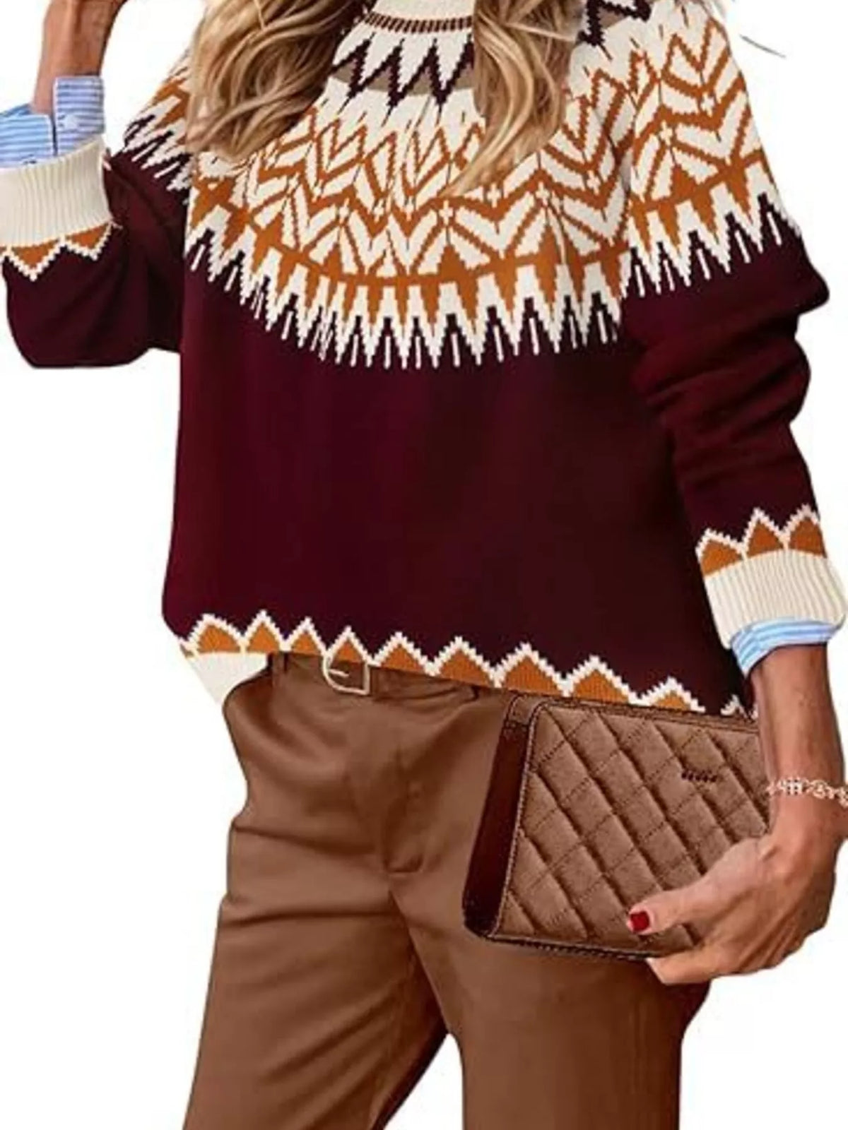 Fair Isle Patterned Long Sleeve Sweater in burgundy, front view