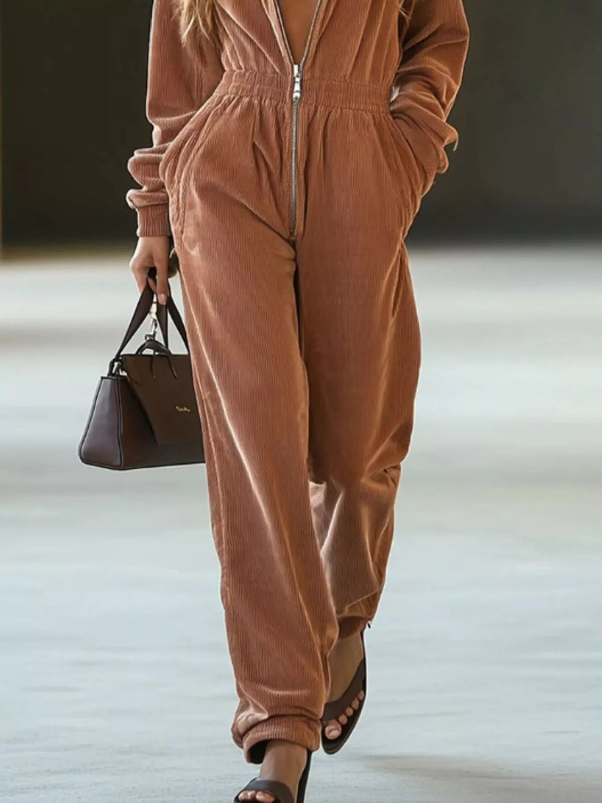 Trendsi Corduroy Hooded Zip-Up Jumpsuit -