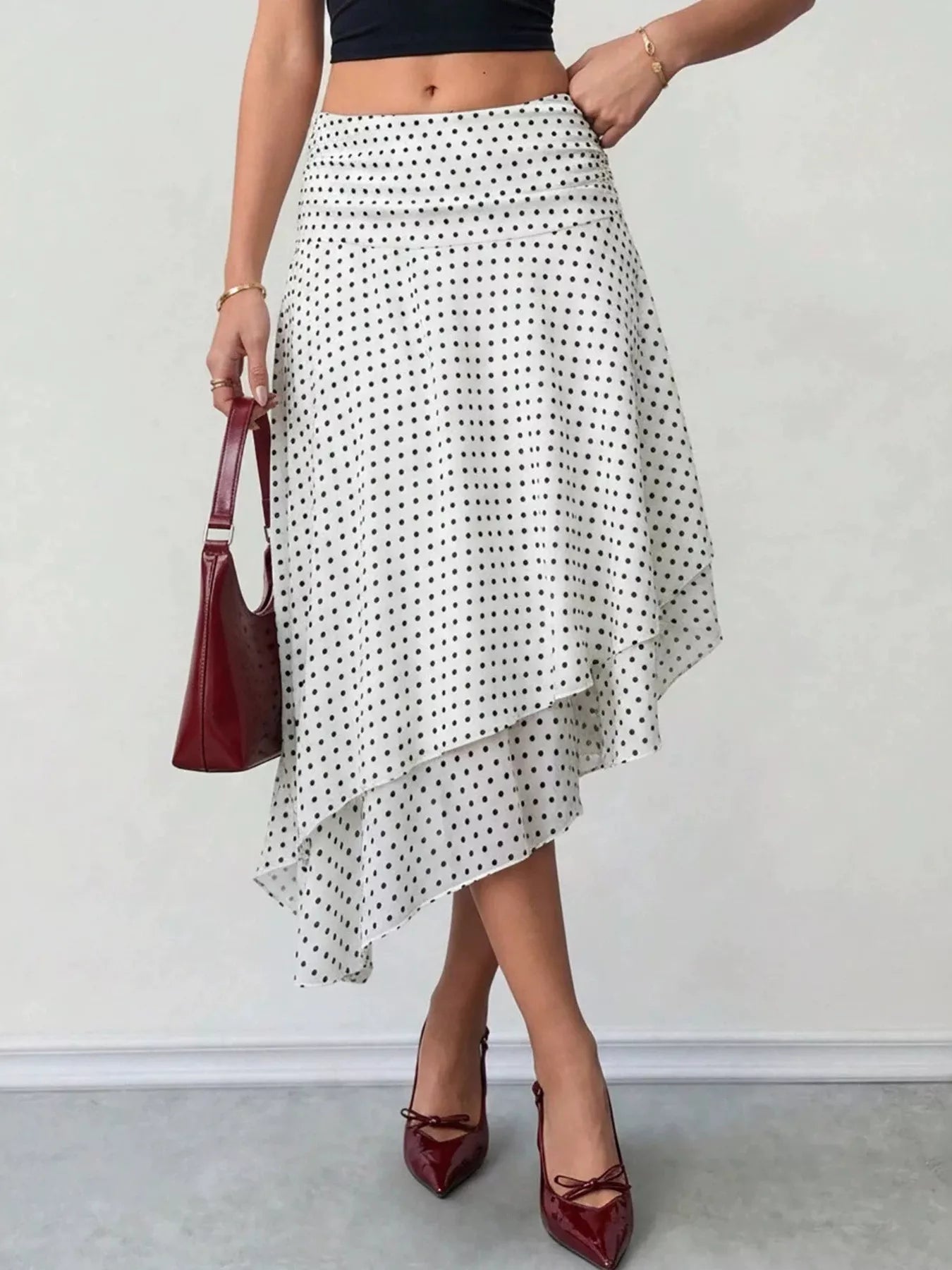 Trendsi Polka Dot Asymmetrical Hem Midi Skirt -