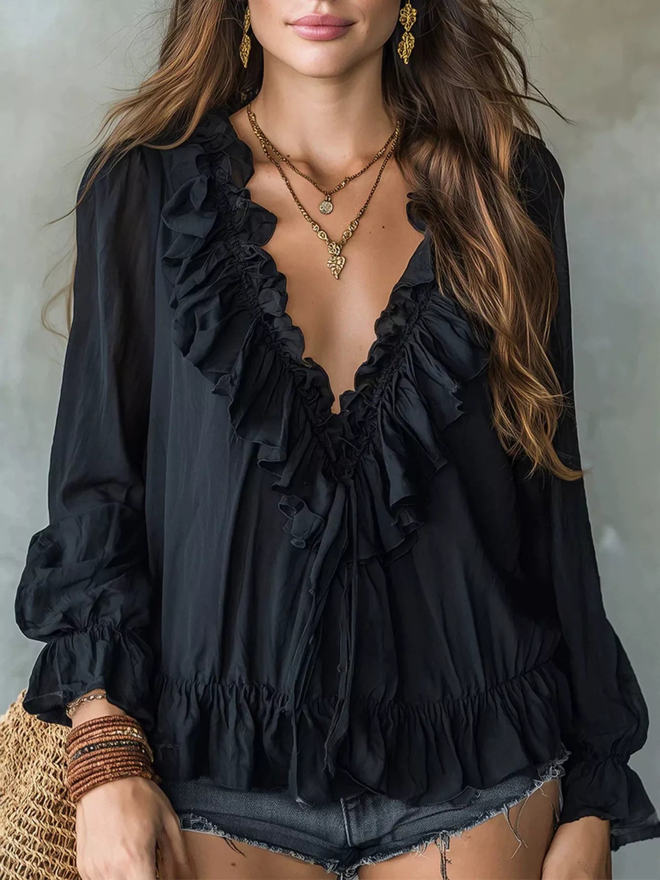 Trendsi Ruffle V-Neck Long Sleeve Blouse -